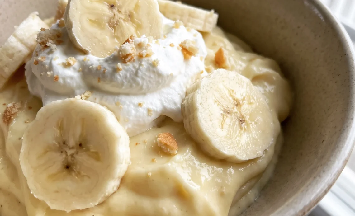 Banana pudding with custard, sliced bananas, and whipped cream