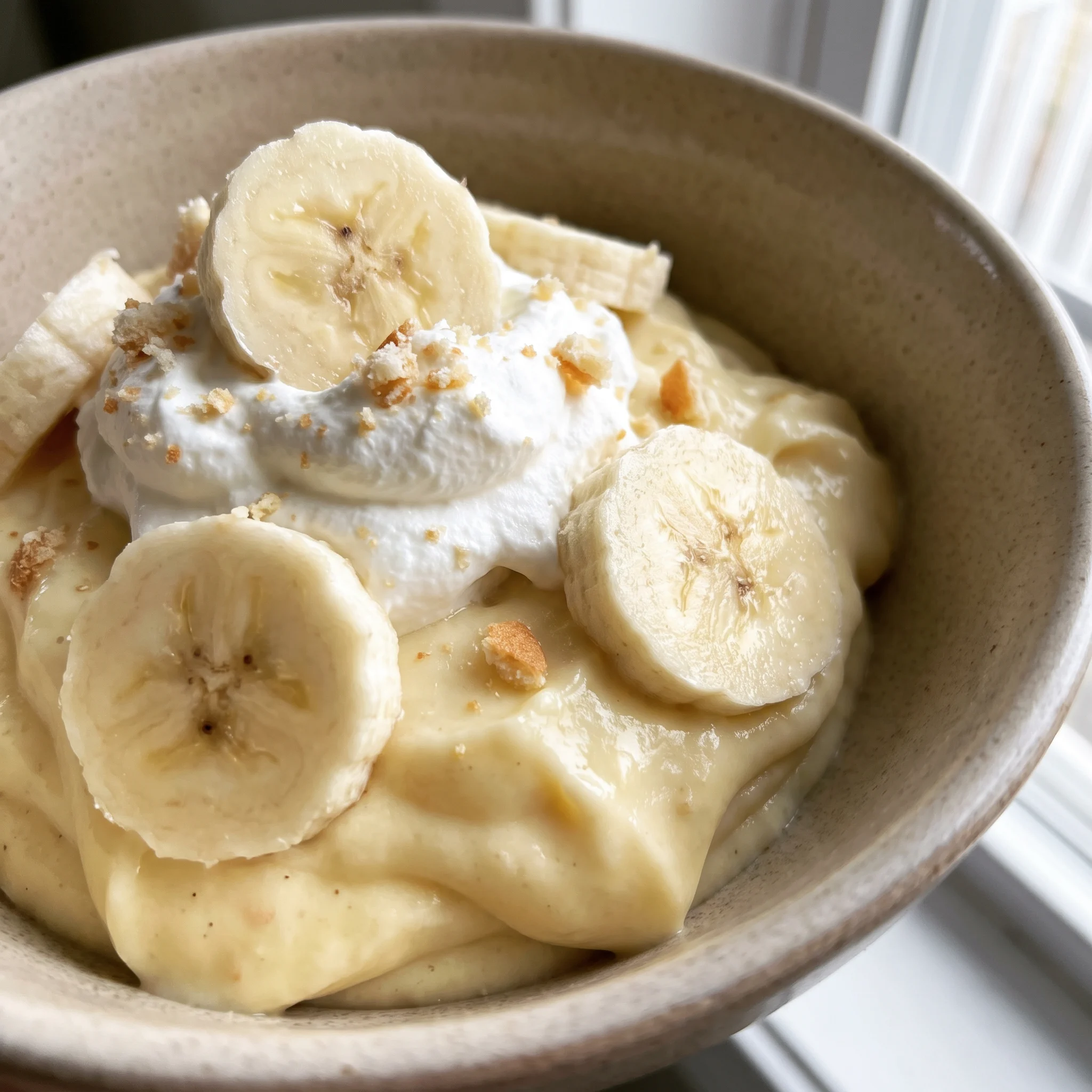 Banana pudding with custard, sliced bananas, and whipped cream