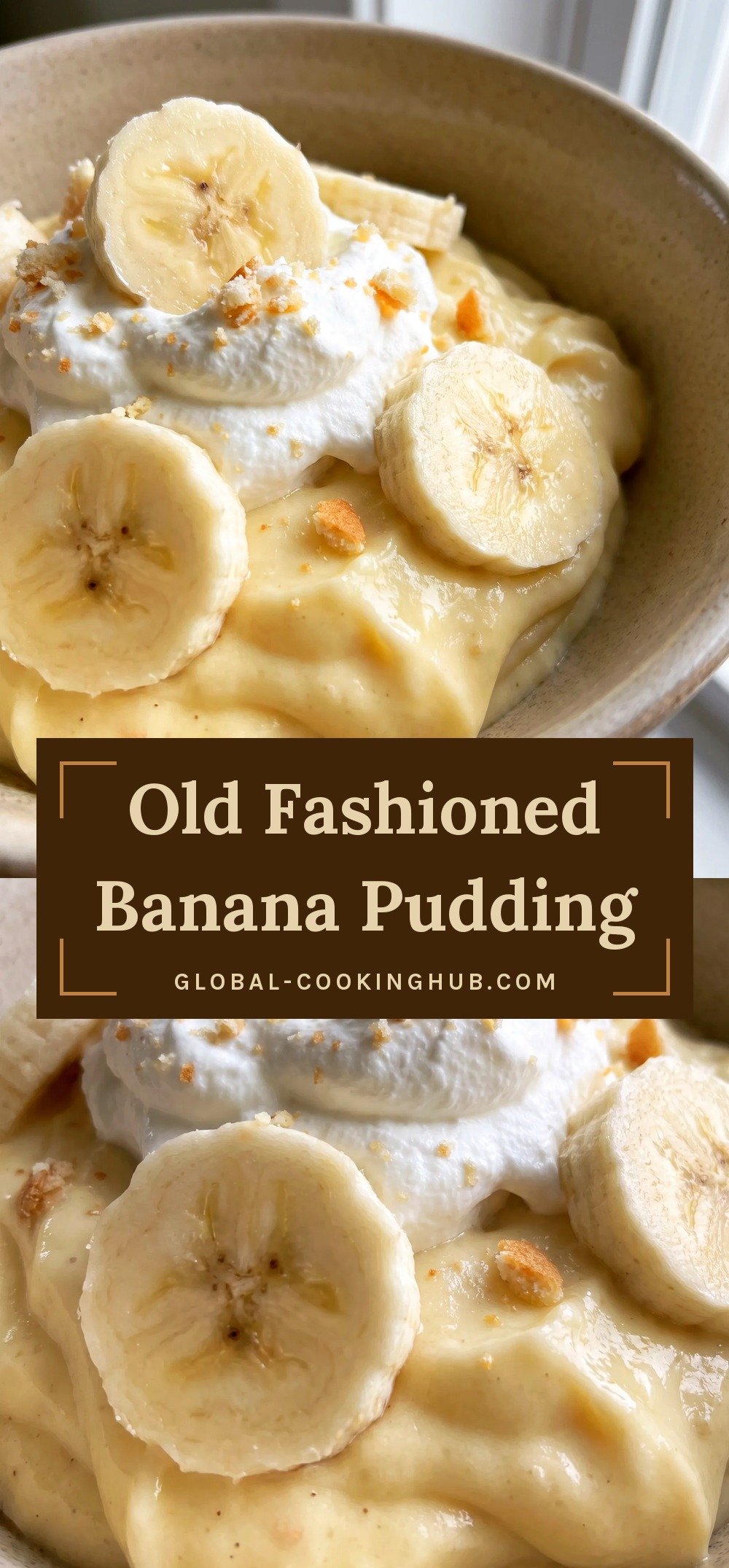 Creamy pale yellow custard topped with whipped cream and fresh banana slices.