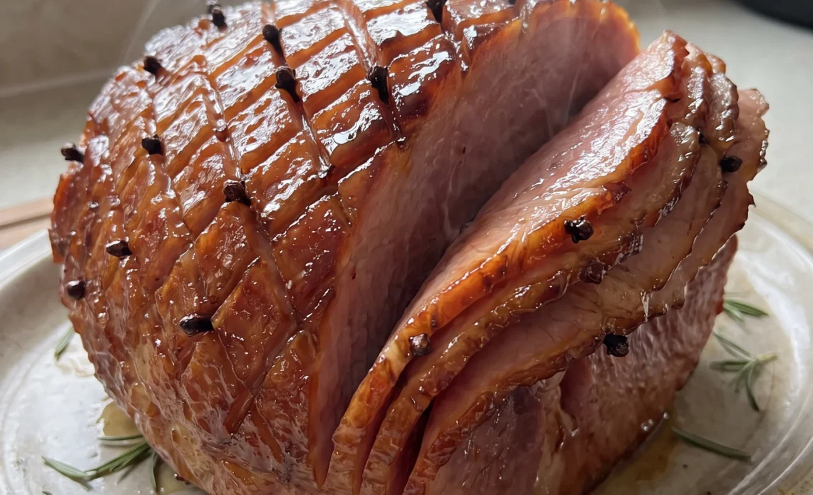 Glazed ham with whole cloves, glossy honey coating, deep amber and pink tones, scored diamond pattern.