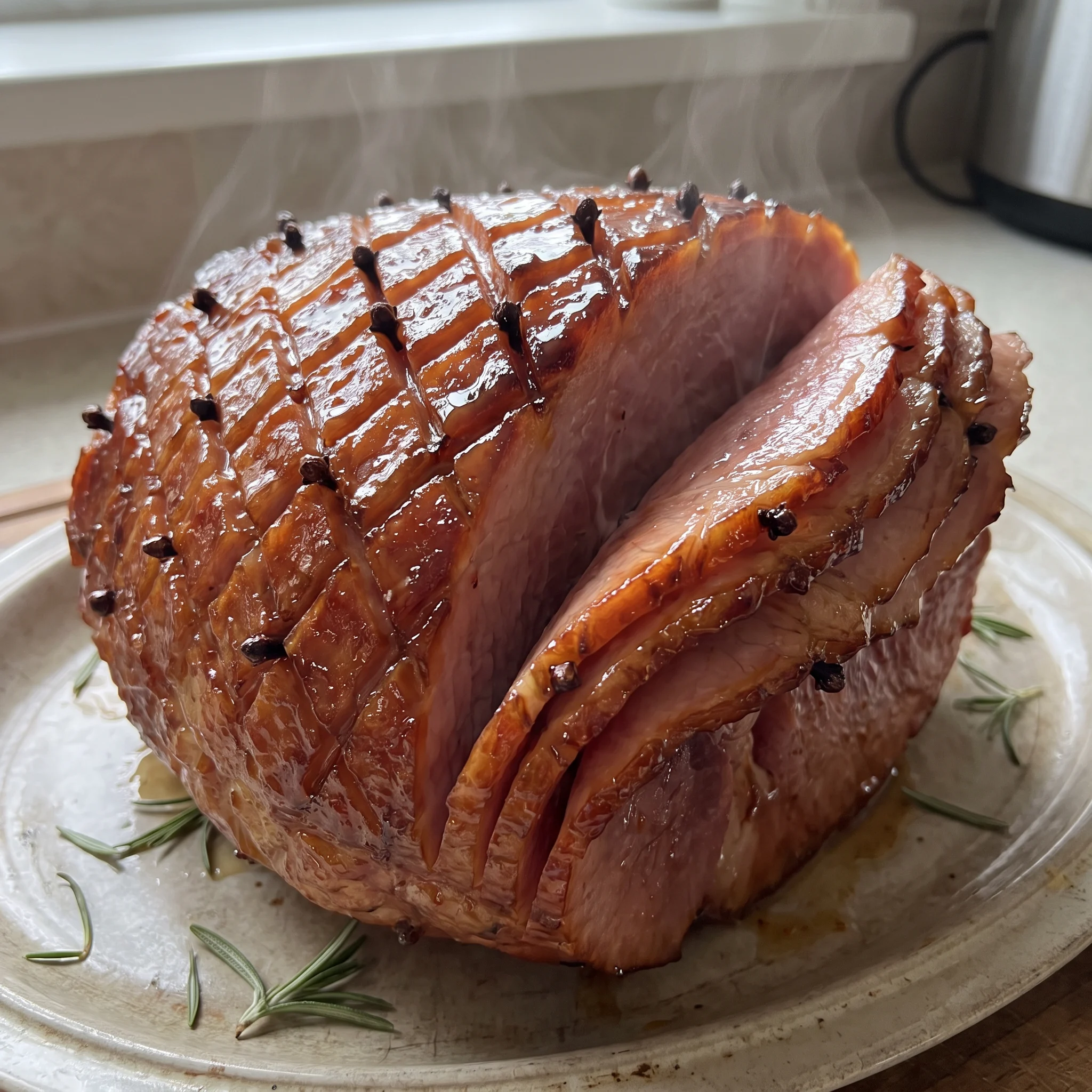 Glazed ham with whole cloves, glossy honey coating, deep amber and pink tones, scored diamond pattern.