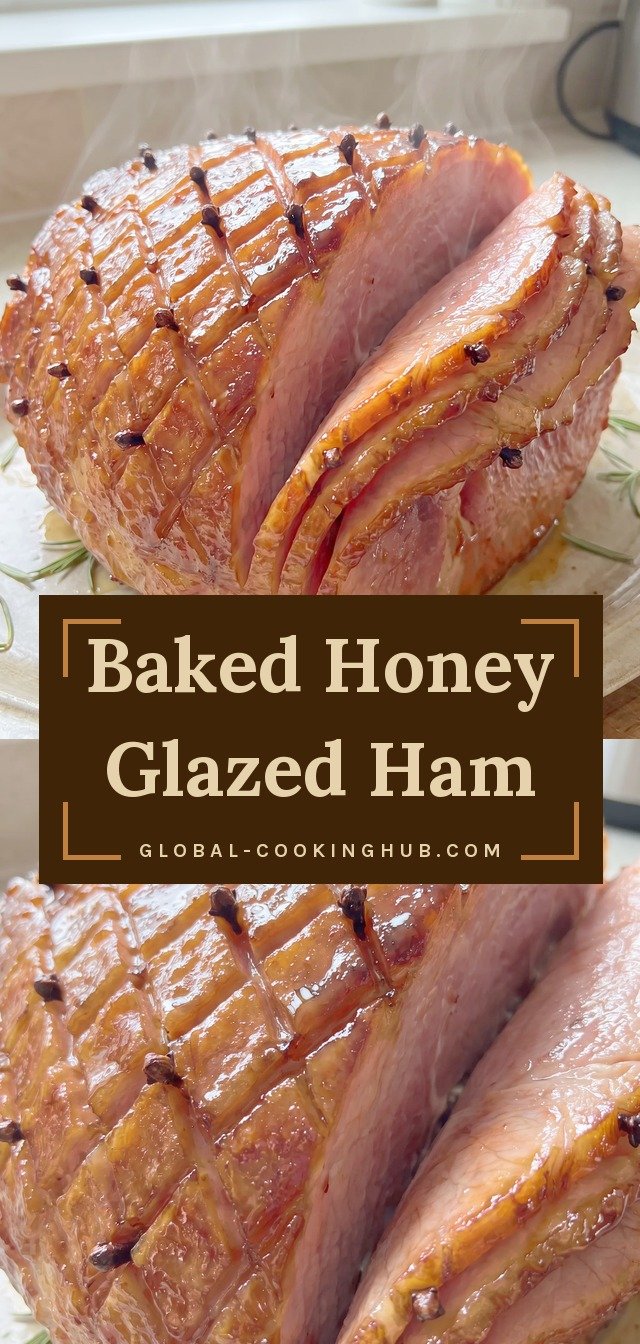 Glossy golden-brown baked ham scored in a diamond pattern, studded with whole cloves and coated in a shiny honey glaze.