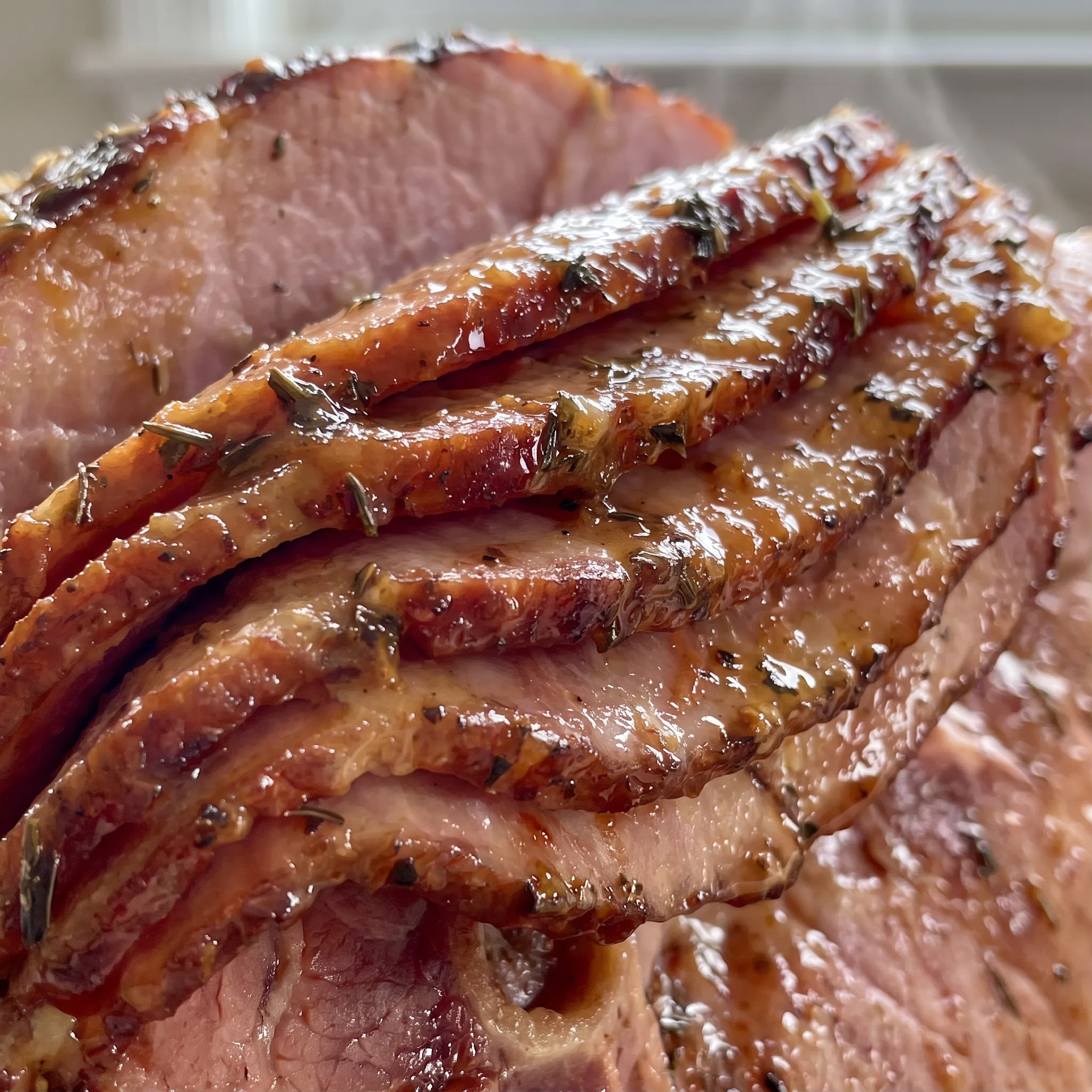 Sticky honey mustard glaze over spiral ham slices, deep golden brown with caramelized edges