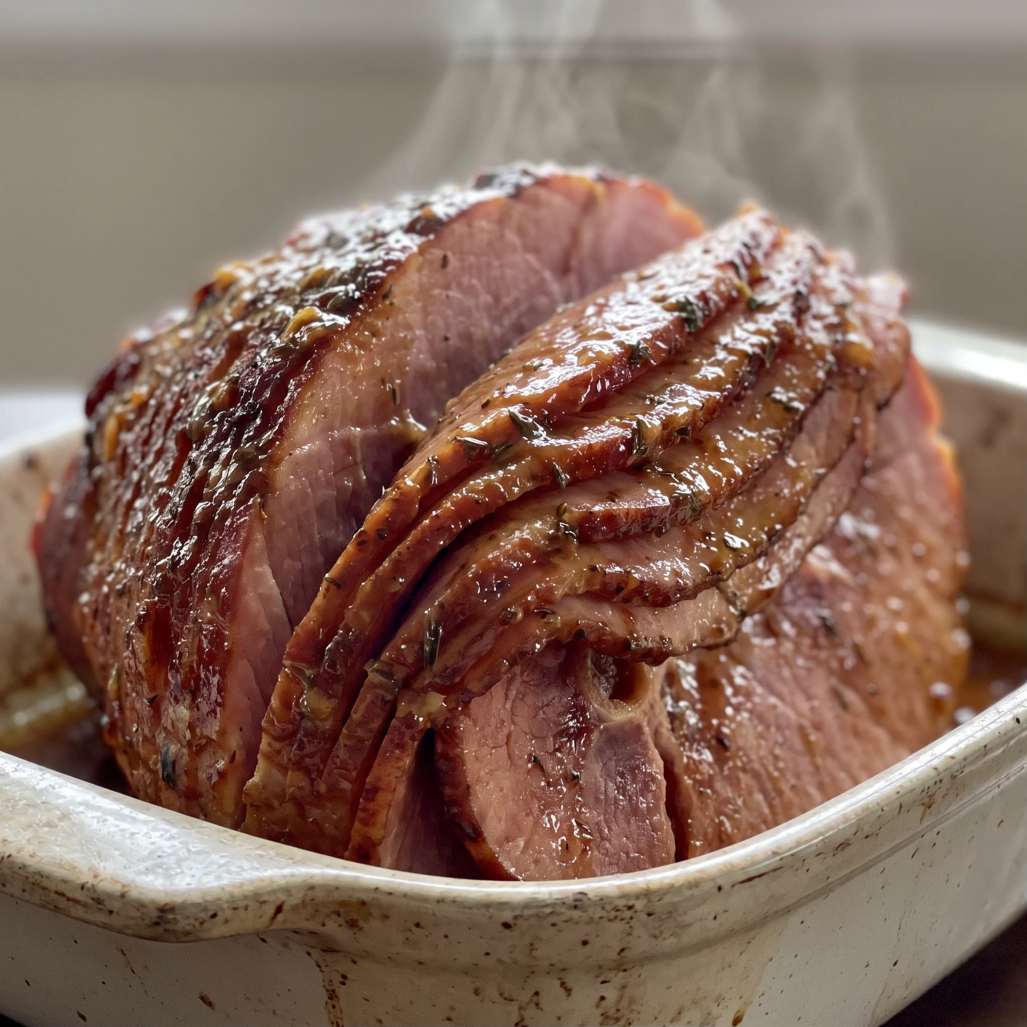 Spiral-cut ham with honey mustard glaze, glossy amber coating, diamond scoring, browned edges