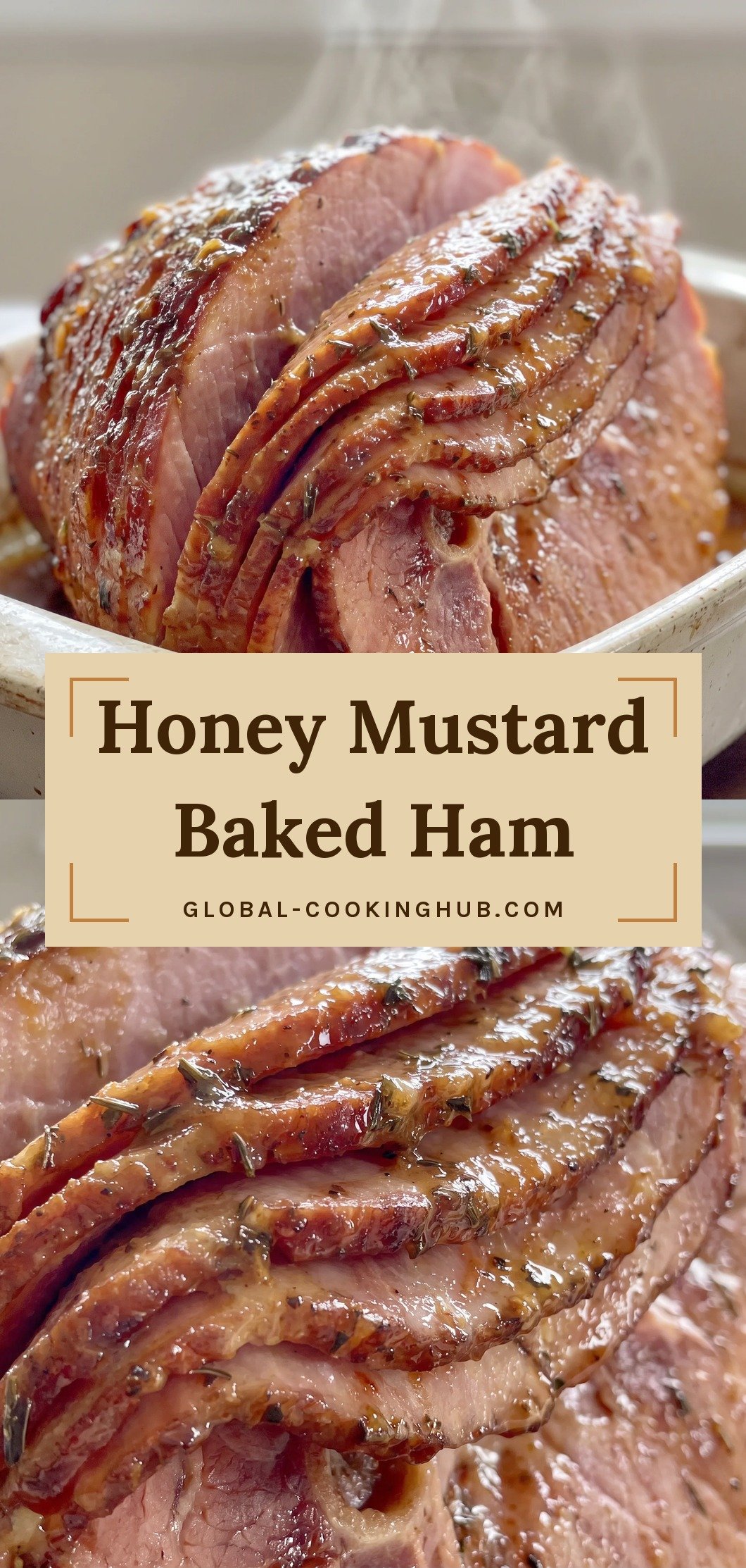 Spiral-cut ham with deep golden honey mustard glaze, glistening and caramelized between the sliced spirals.