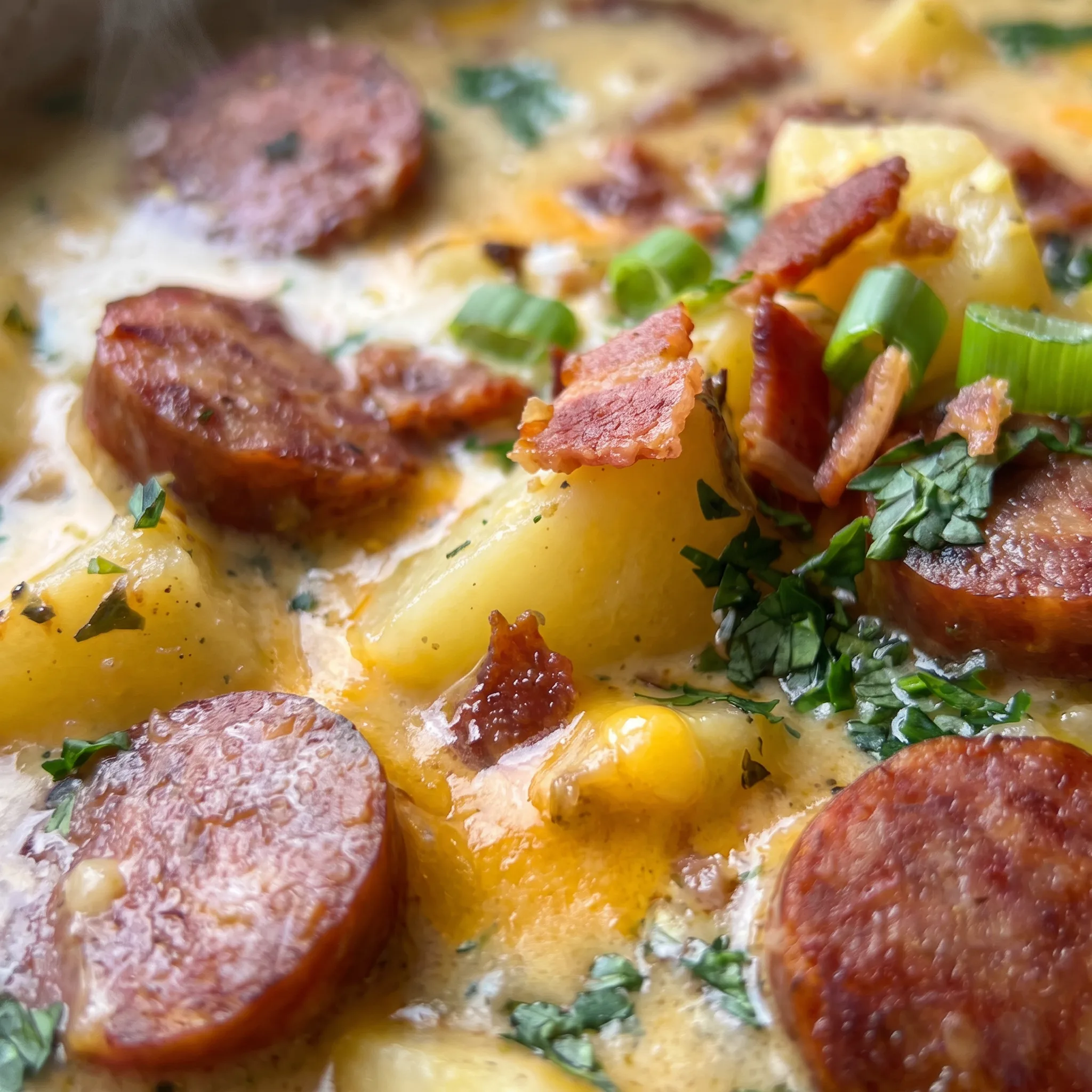 Creamy potato soup with a golden cheddar crust and crisp bacon pieces, green onion slices scattered across the surface.