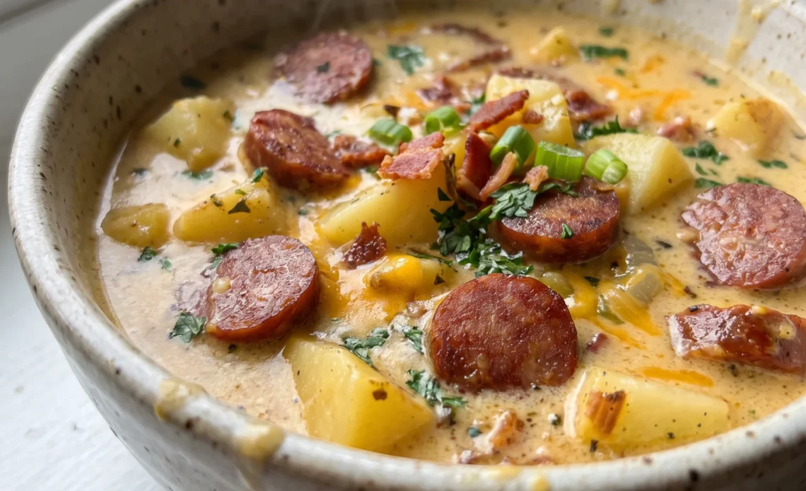Loaded baked potato soup with chunks of potato in a thick cream base, topped with melted cheddar, bacon bits, and sliced green onions.