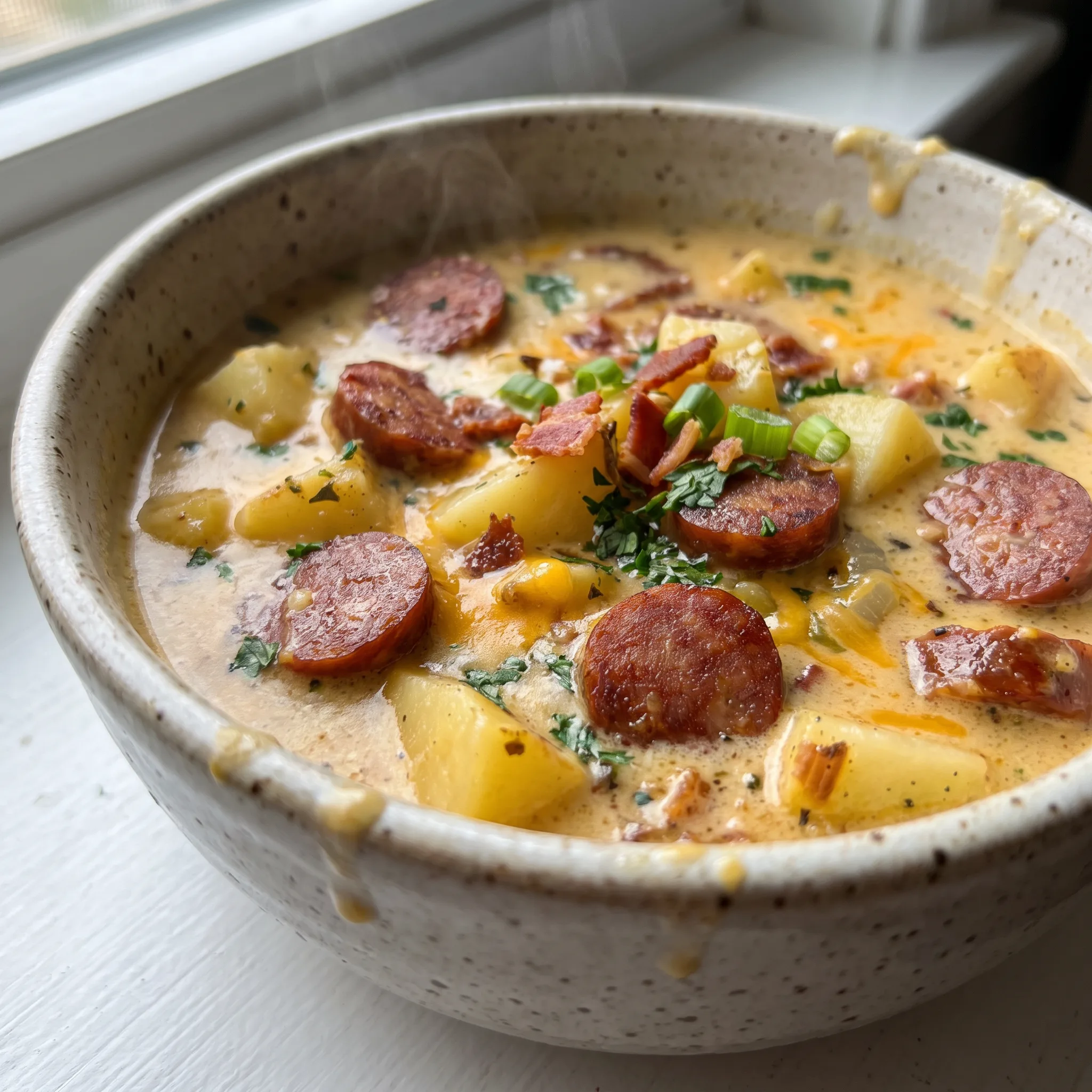 Loaded baked potato soup with chunks of potato in a thick cream base, topped with melted cheddar, bacon bits, and sliced green onions.