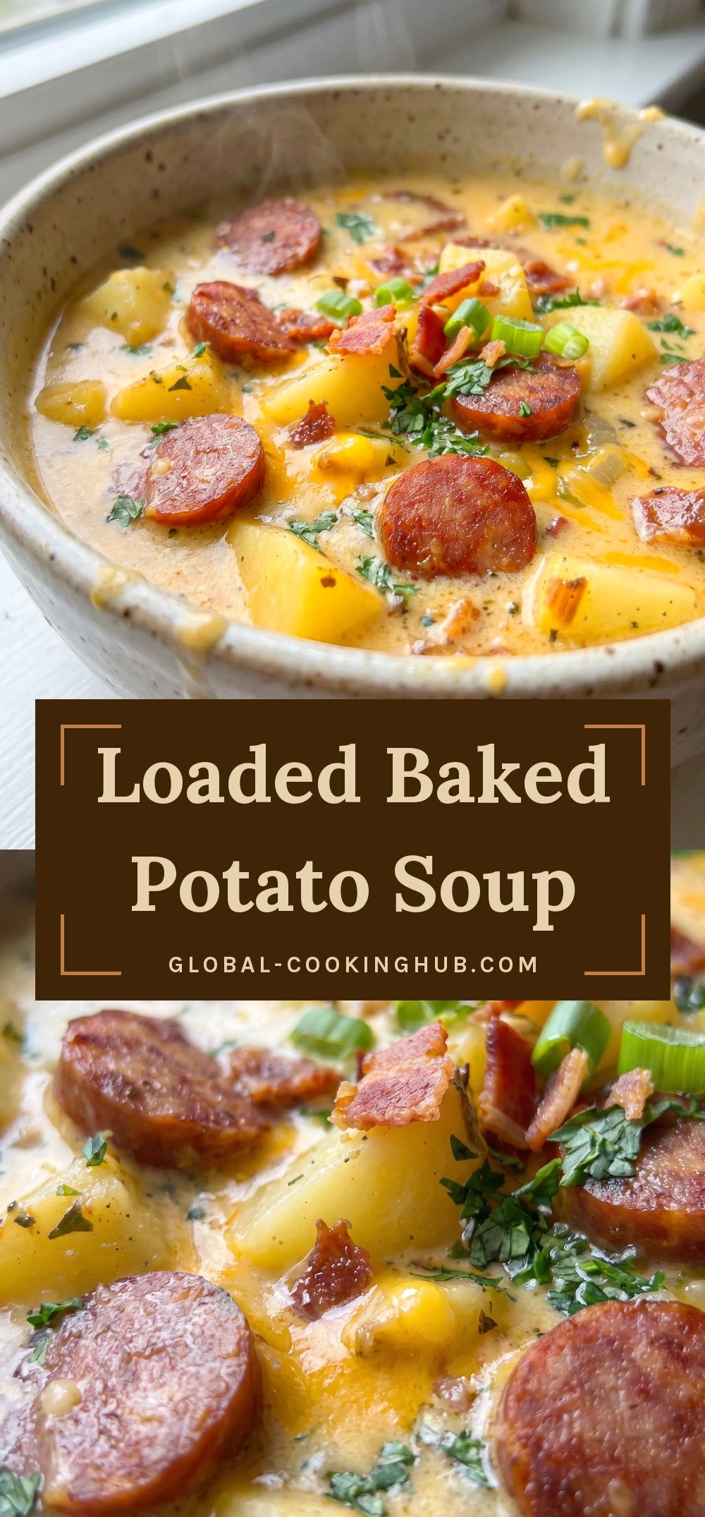 Creamy potato soup with chunks of potato, melted cheddar, crumbled bacon, and sliced green onions in a thick white broth.