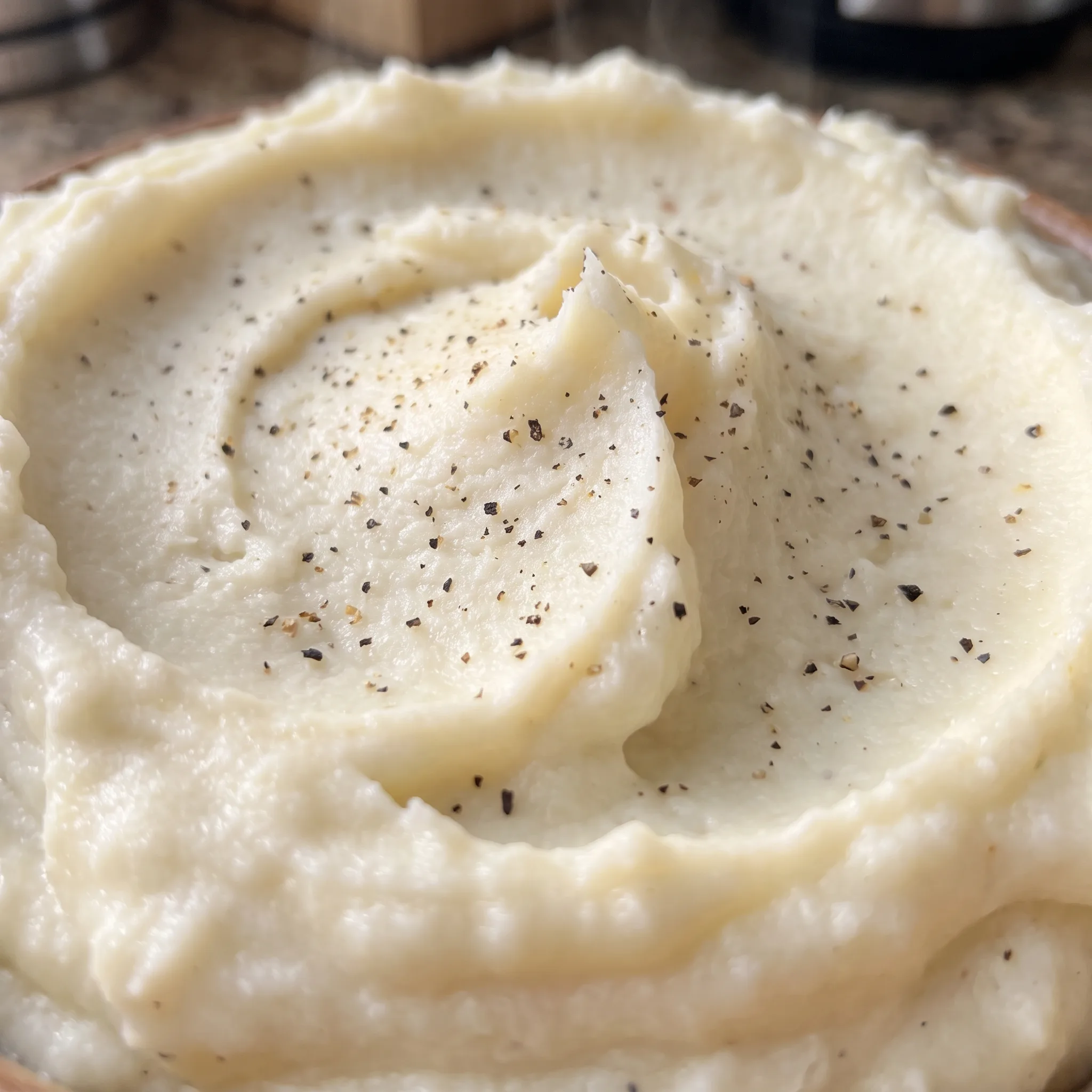 Smooth, creamy mashed potatoes with a soft, silky texture and a pale white color.