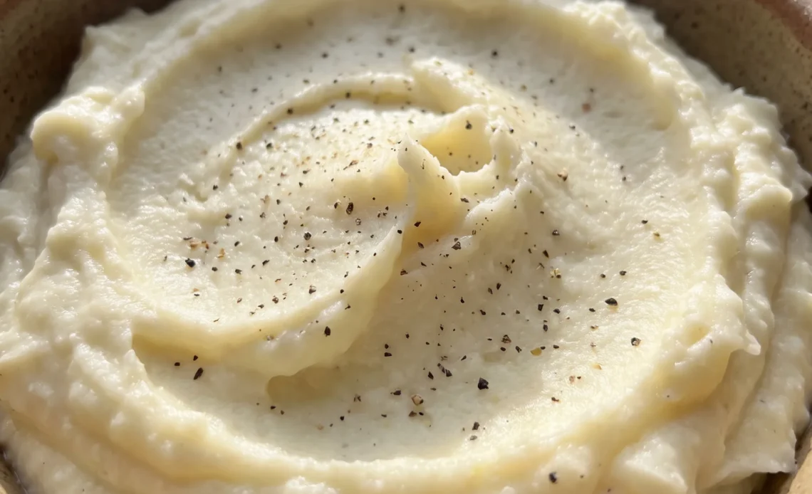 Mashed potatoes with cream cheese and sour cream, fluffy white mounds with a smooth, creamy surface.