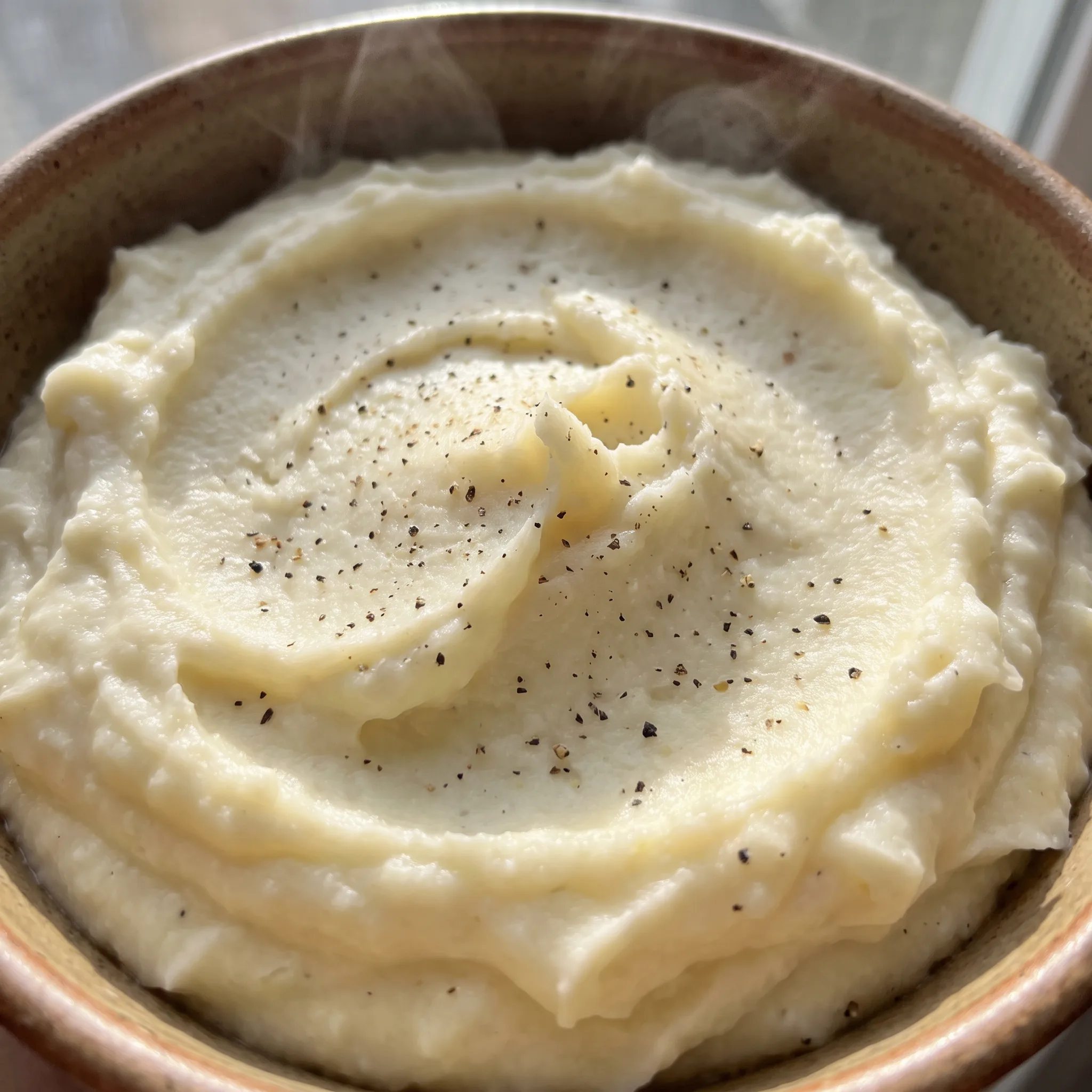 Mashed potatoes with cream cheese and sour cream, fluffy white mounds with a smooth, creamy surface.