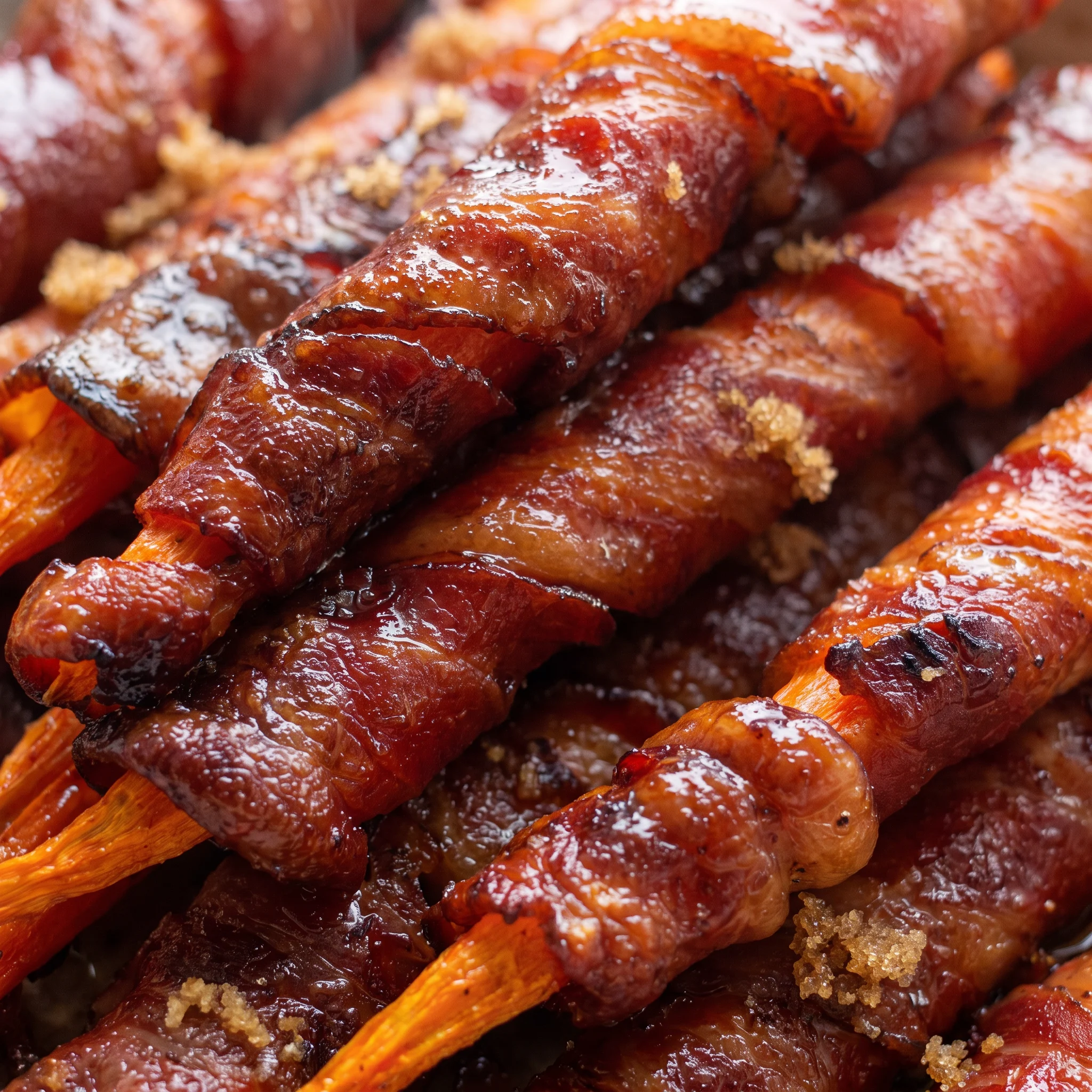 Glossy maple syrup coating tender carrot pieces, with crisp bacon bits and browned edges.