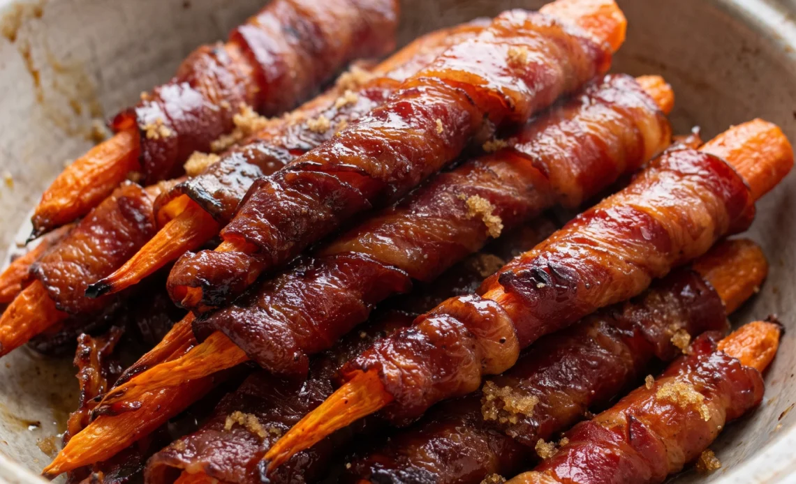 Maple bacon carrots with roasted orange carrot pieces and crisp bacon strips coated in glossy maple syrup.