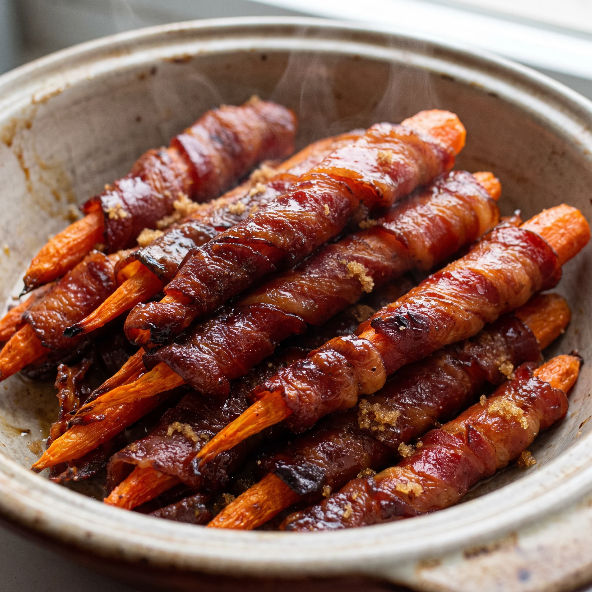 Maple bacon carrots with roasted orange carrot pieces and crisp bacon strips coated in glossy maple syrup.
