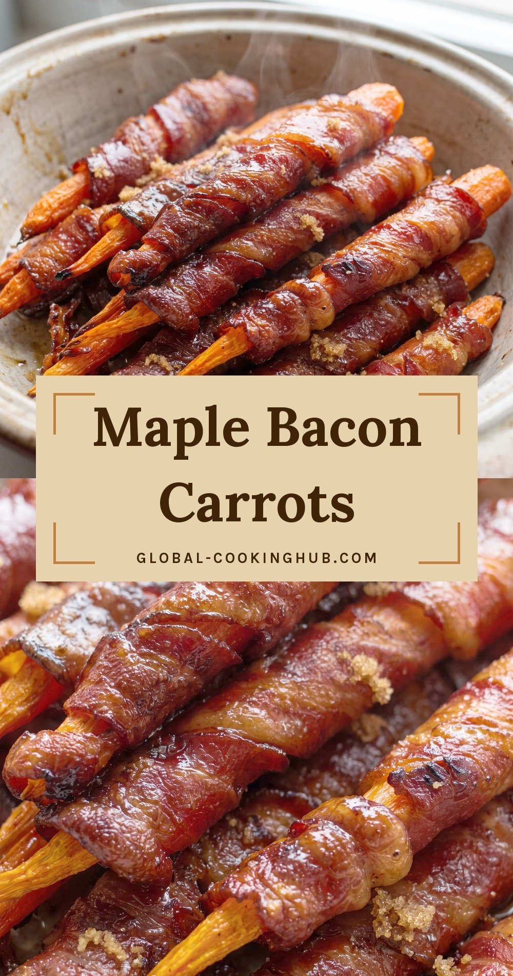 Crisp bacon strips coiled around tender orange carrot sticks, glazed with glossy maple syrup.