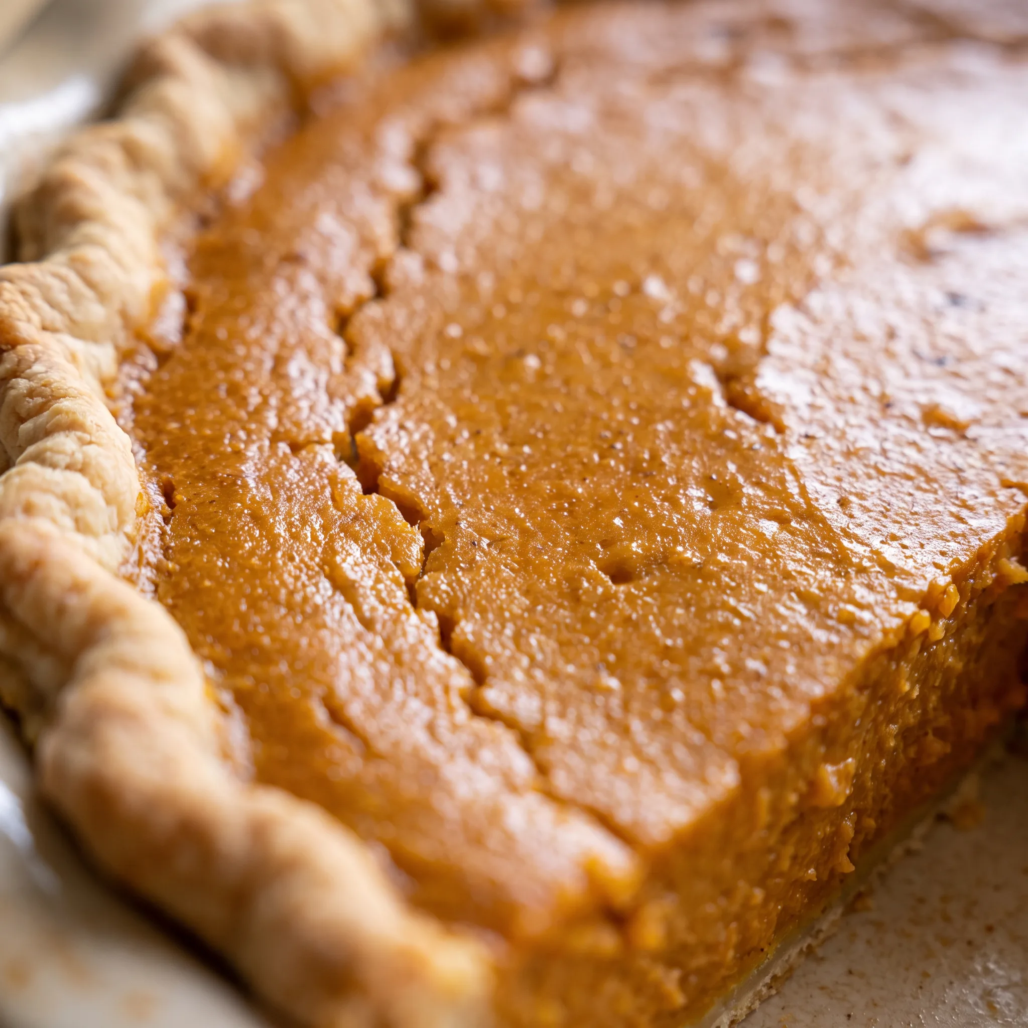 Slice of pumpkin pie showing a dense, creamy orange filling with a flaky, browned crust edge.