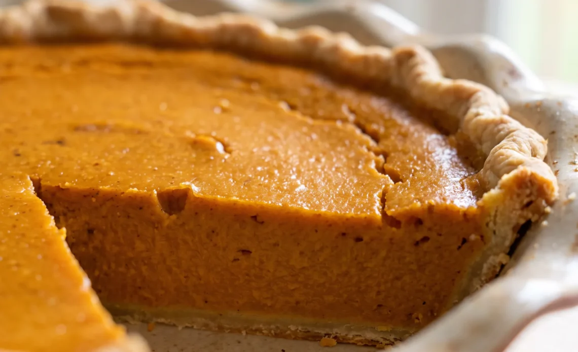 Whole pumpkin pie with a golden brown crust and smooth orange filling made from pumpkin, eggs, half-and-half, and maple syrup.