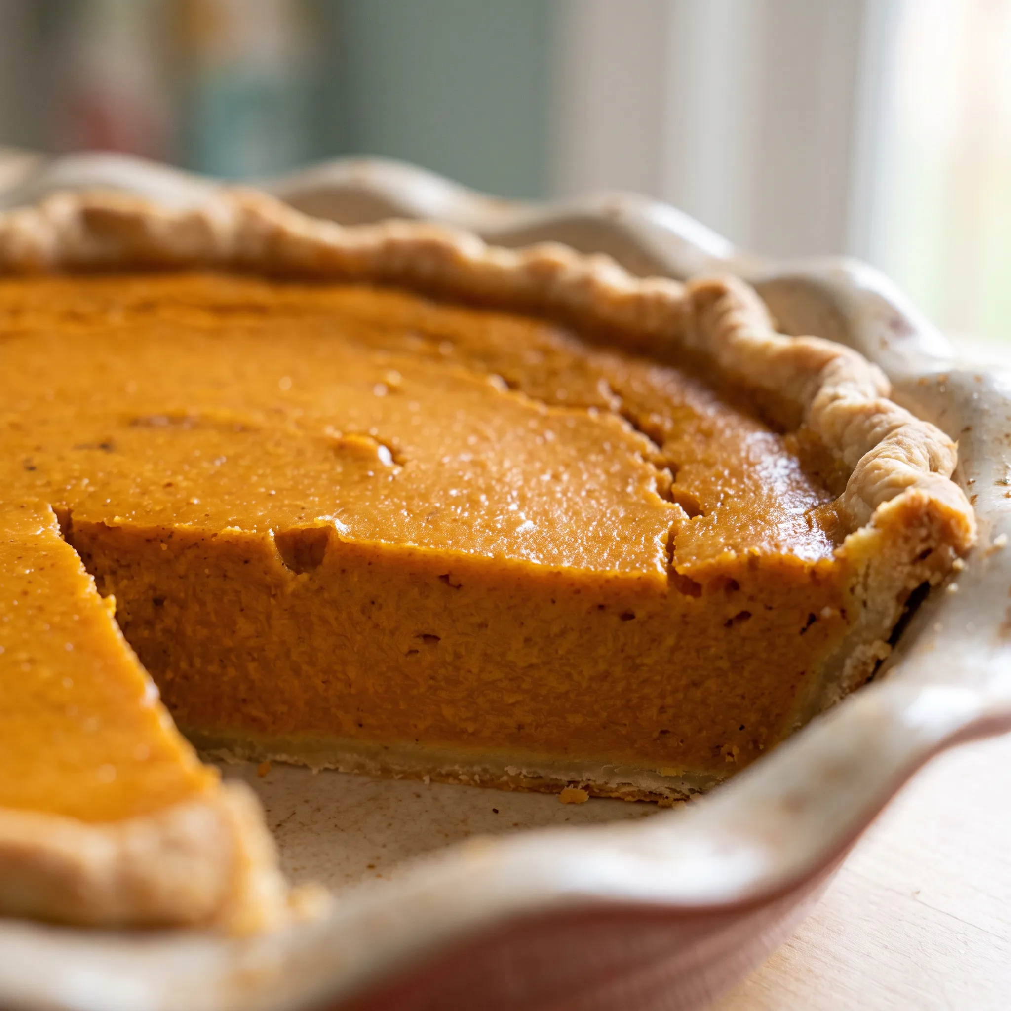 Whole pumpkin pie with a golden brown crust and smooth orange filling made from pumpkin, eggs, half-and-half, and maple syrup.