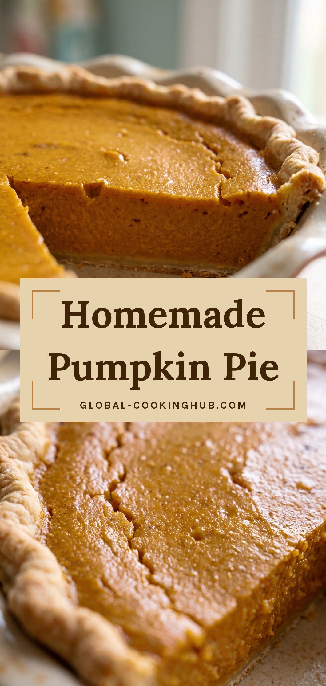 Golden-brown pumpkin pie with a flaky crimped crust and smooth orange custard filling, made from pumpkin, eggs, half-and-half, and maple syrup.