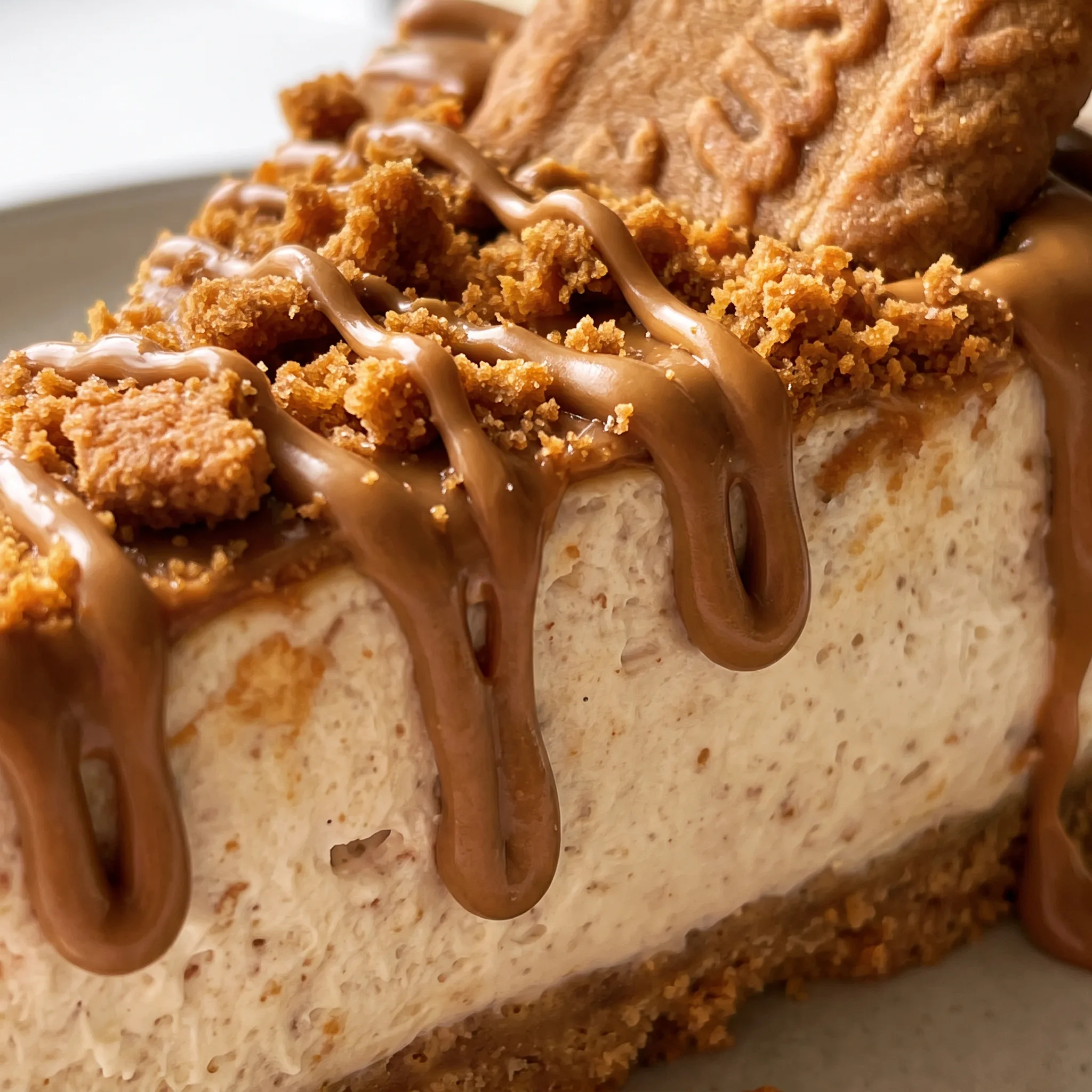Creamy cheesecake filling with a smooth Biscoff spread swirl, set on a crunchy Biscoff cookie base.