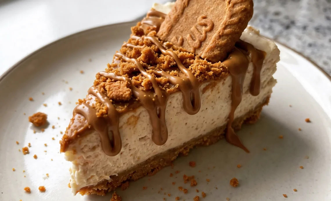 A whole no-bake Biscoff cheesecake with a Biscoff cookie crust, topped with whipped cream and Biscoff spread.