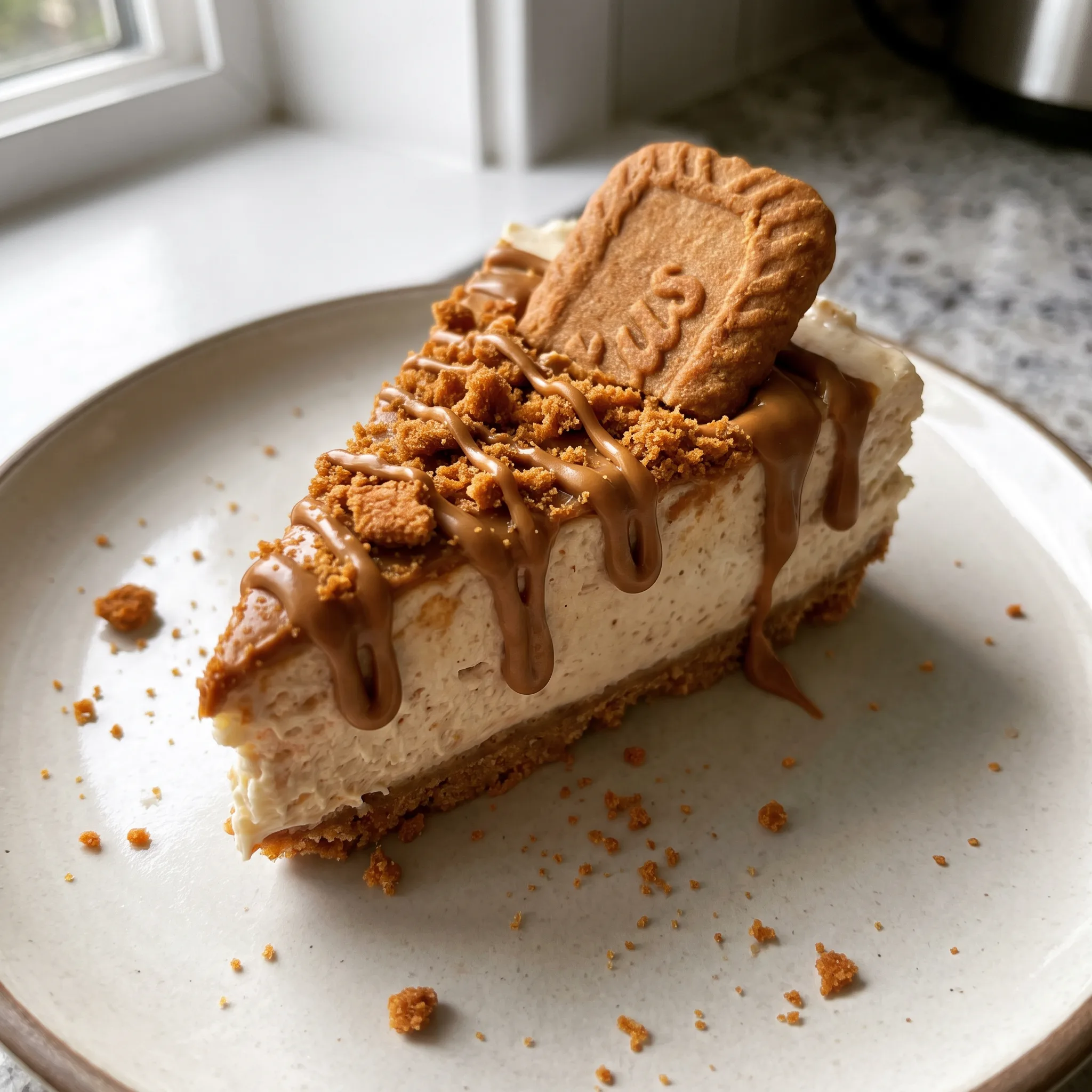 A whole no-bake Biscoff cheesecake with a Biscoff cookie crust, topped with whipped cream and Biscoff spread.