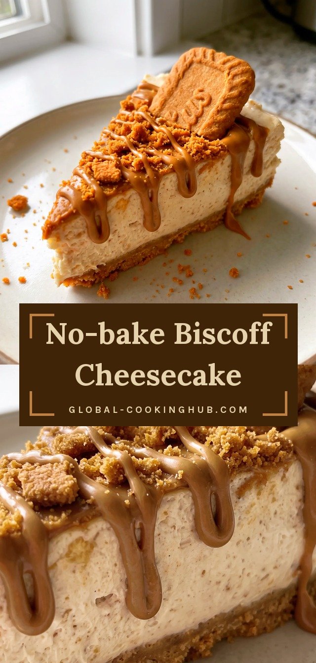 Creamy cheesecake with golden Biscoff cookie crumb crust, whipped cream and Biscoff spread filling, drizzled with spread and crushed cookies.