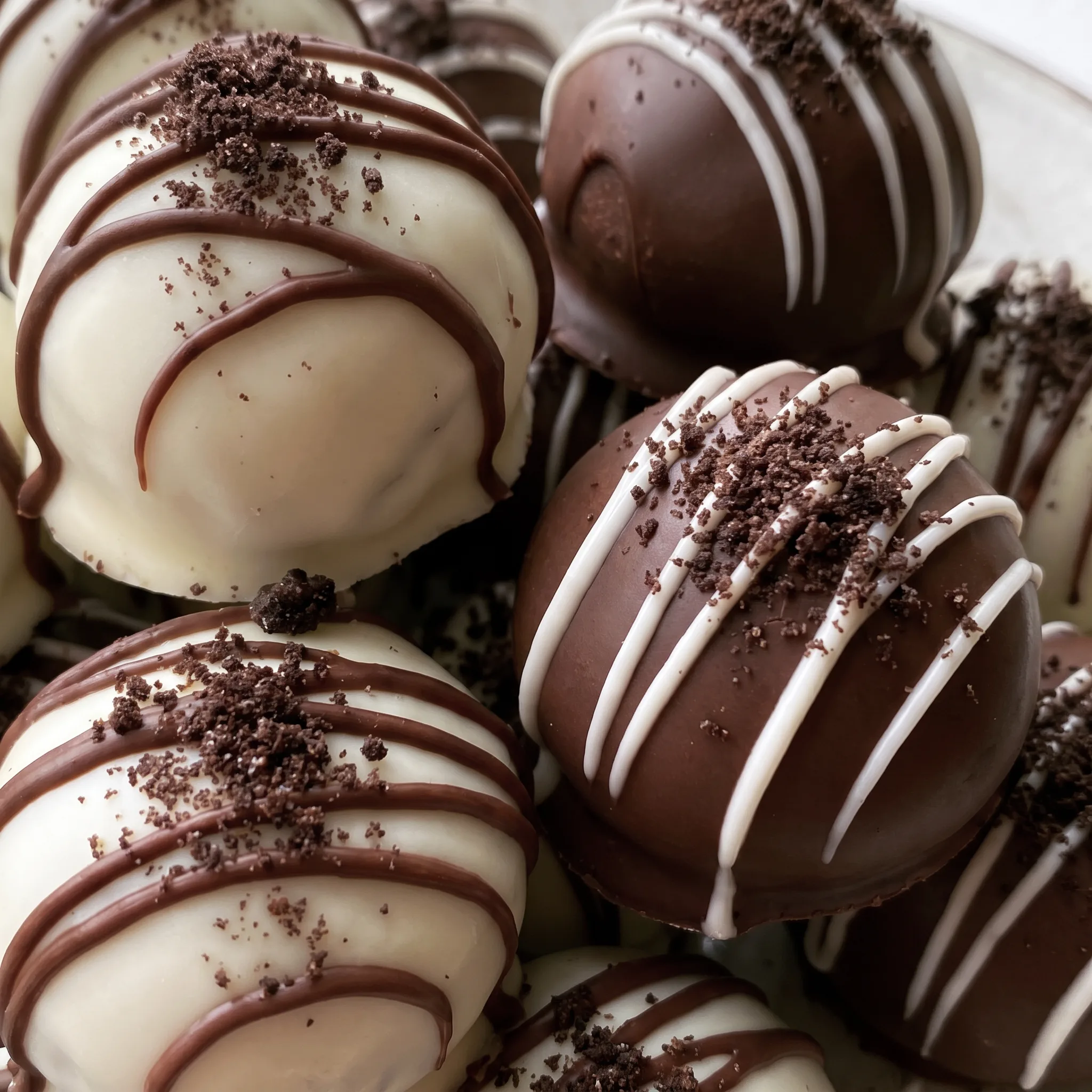 Bite into a chocolate covered Oreo ball revealing a creamy white center mixed with dark cookie crumbs.