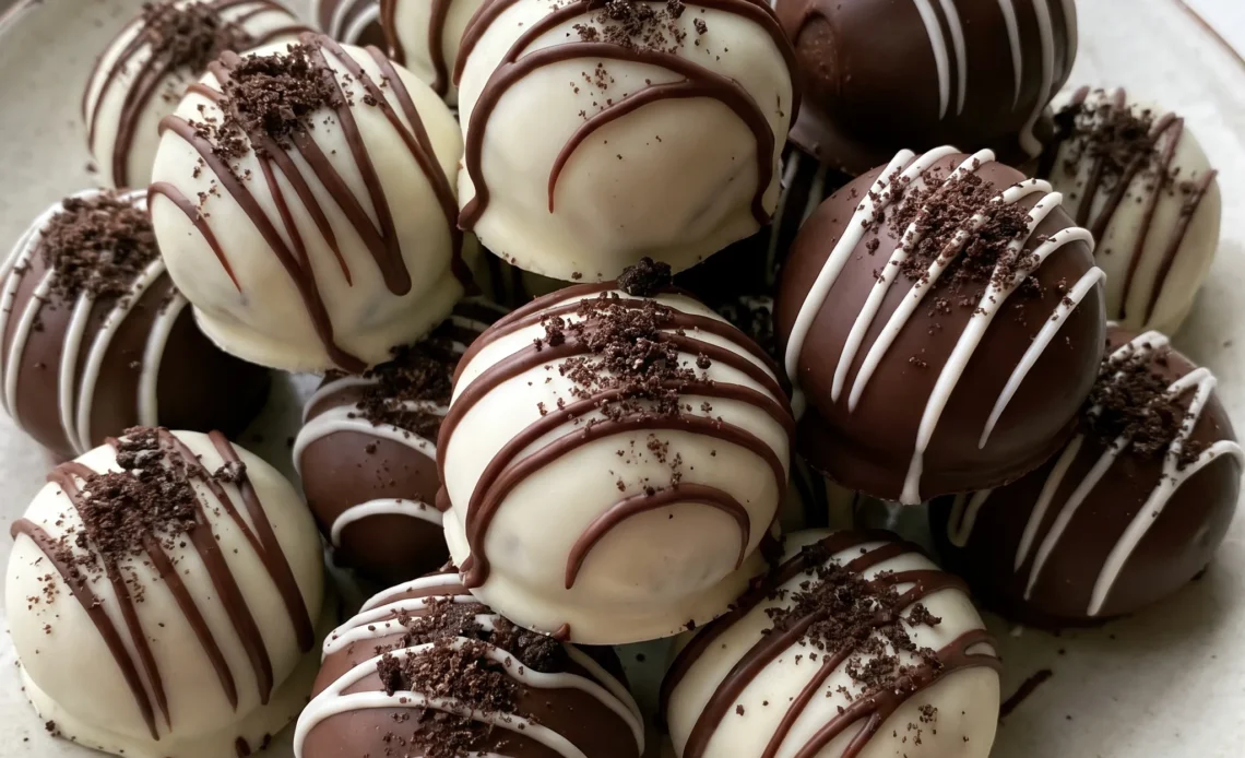 Oreo balls coated in dark melting chocolate, each topped with a small piece of crushed Oreo cookie.