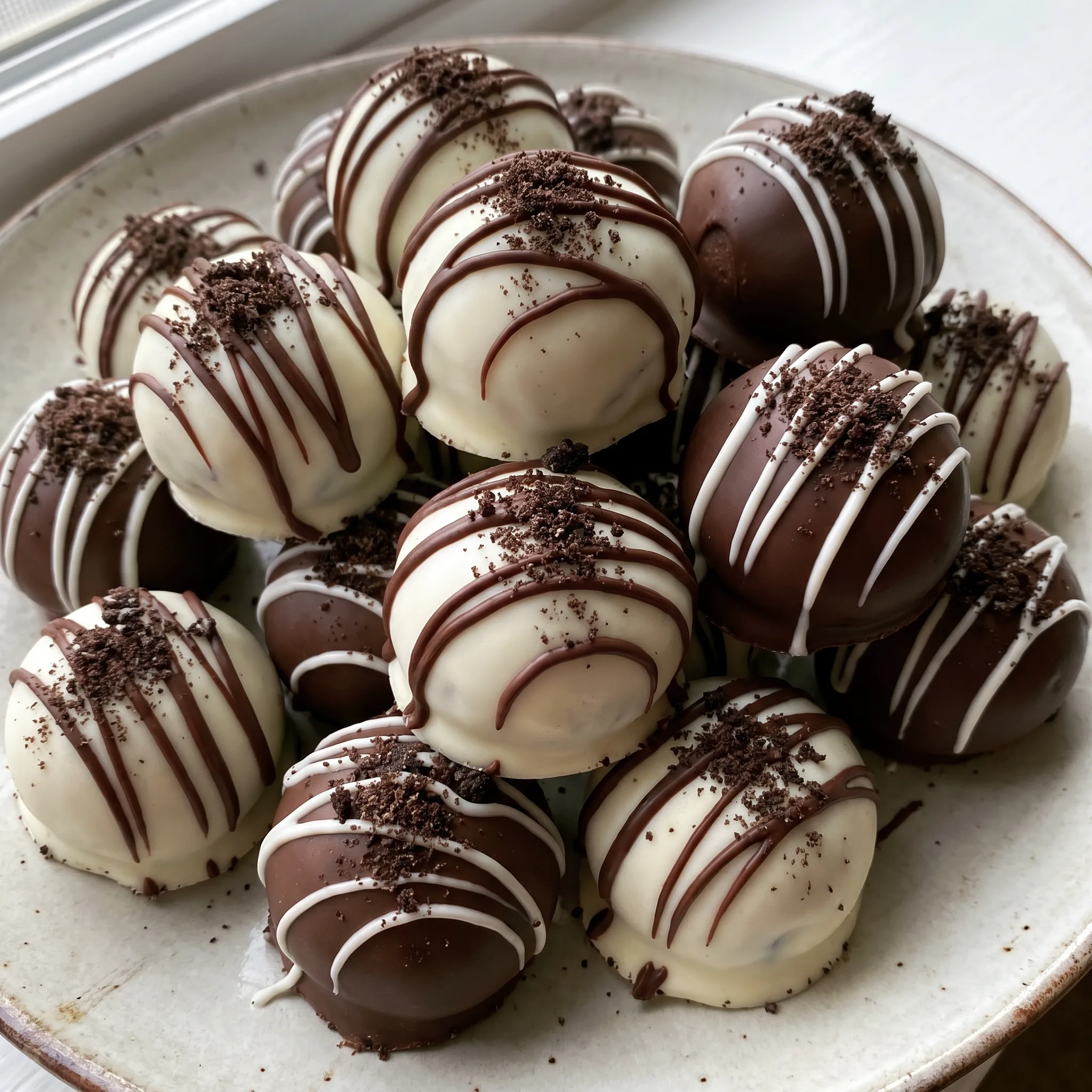 Oreo balls coated in dark melting chocolate, each topped with a small piece of crushed Oreo cookie.
