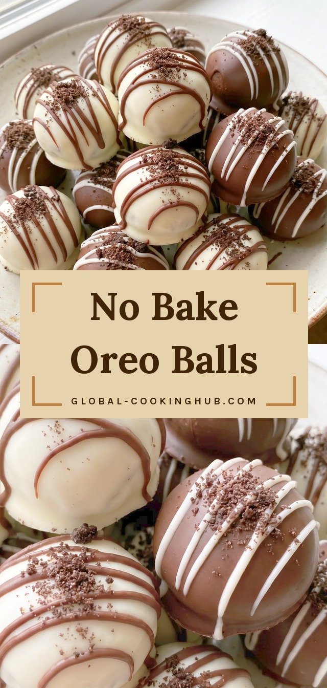 Chocolate-covered Oreo balls with white and dark chocolate drizzle and crushed cookie crumbs on top.