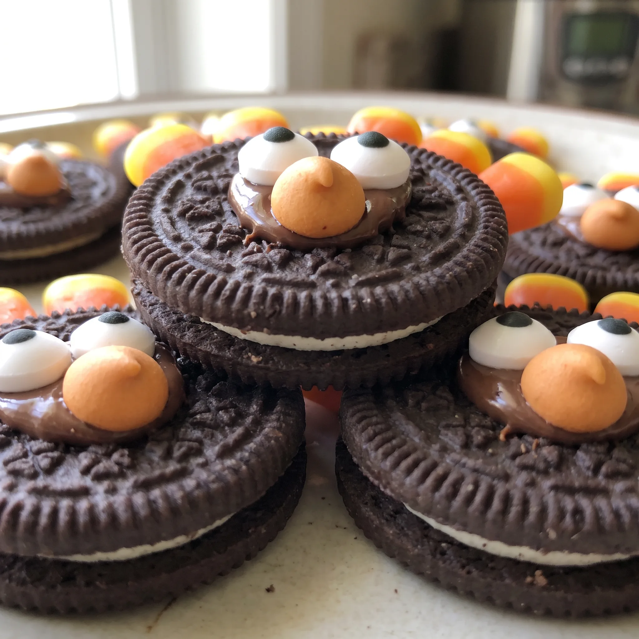 Glossy chocolate coating over a dark cookie, topped with a candy corn tail and a single chocolate chip beak.