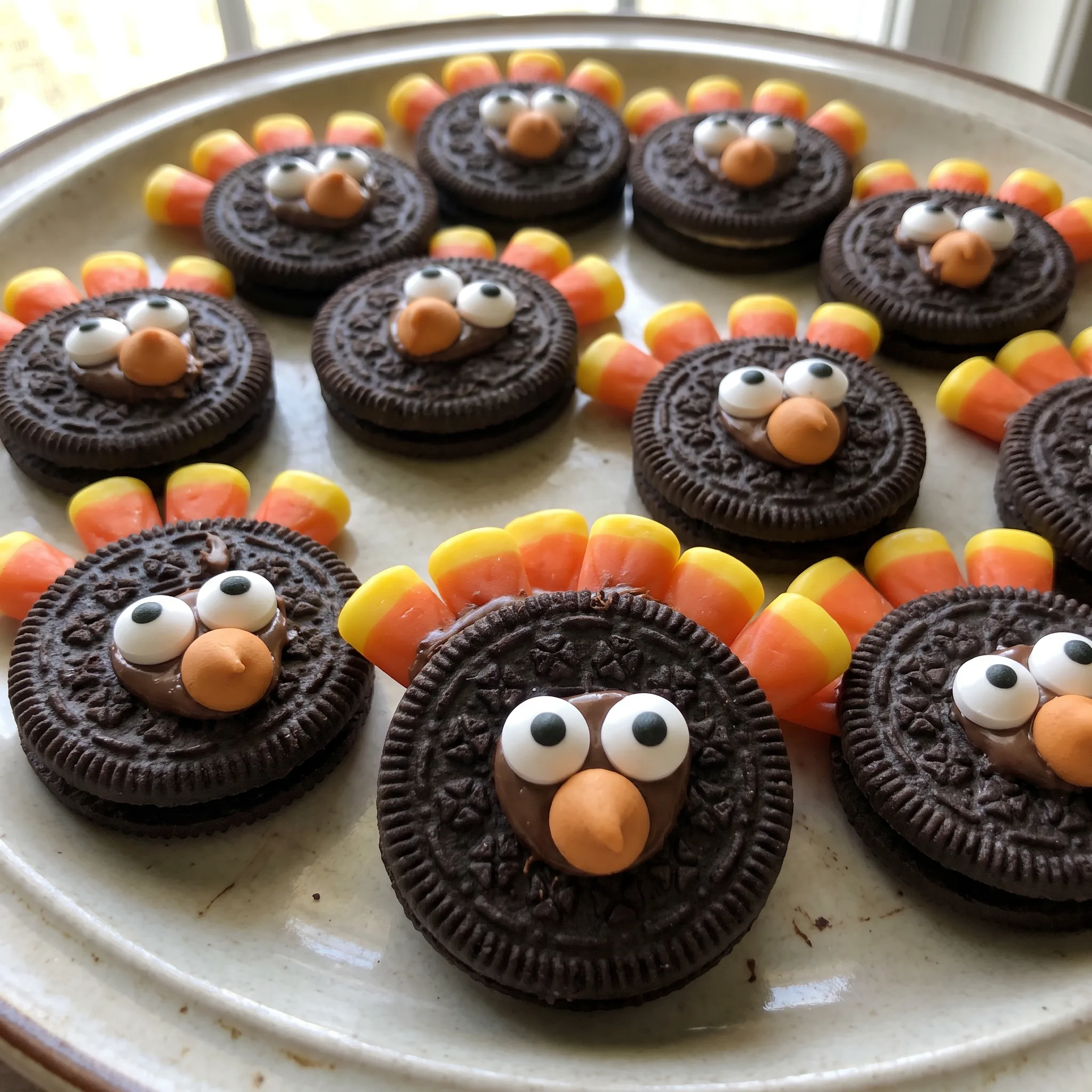Oreo turkey cookies with candy corn tail feathers, chocolate coating, eyeball candies and chocolate chip beaks.