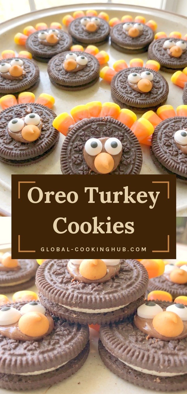 Oreo cookie halves filled with melted chocolate, topped with candy corn feathers, eyeball candies, and a chocolate chip beak.