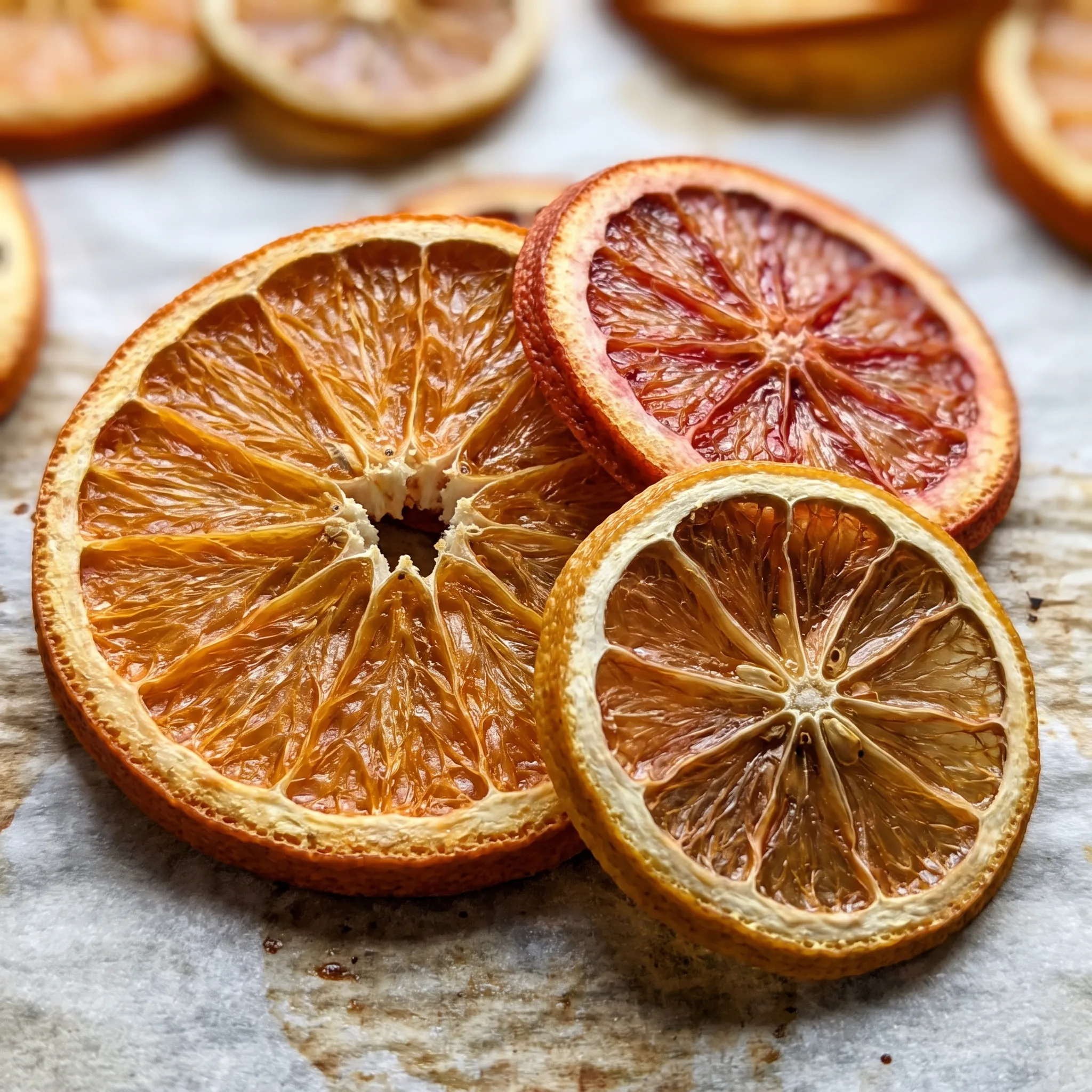 Translucent citrus rounds with wrinkled, leathery edges and glossy, candied centers in gold, red, and green.