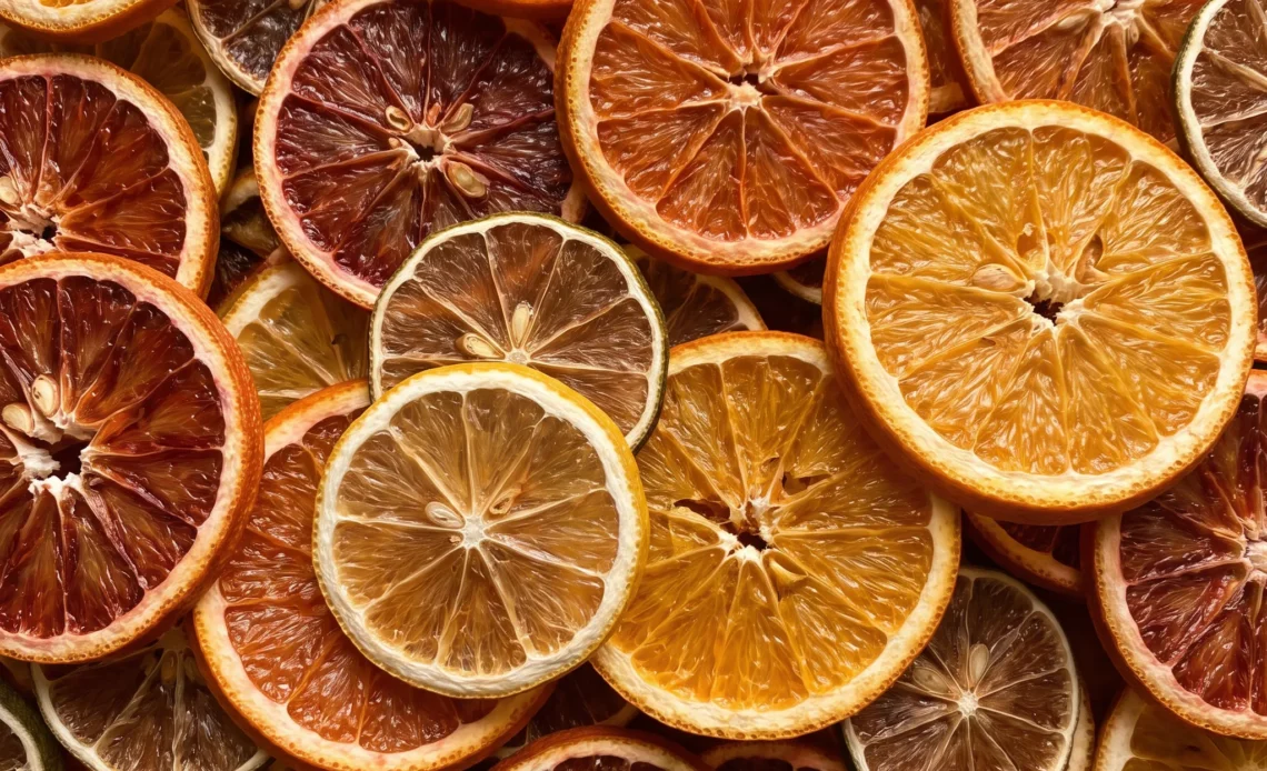 Thin dried slices of lemon, lime, blood orange, Cara Cara orange, and navel orange with deep amber and green rims.