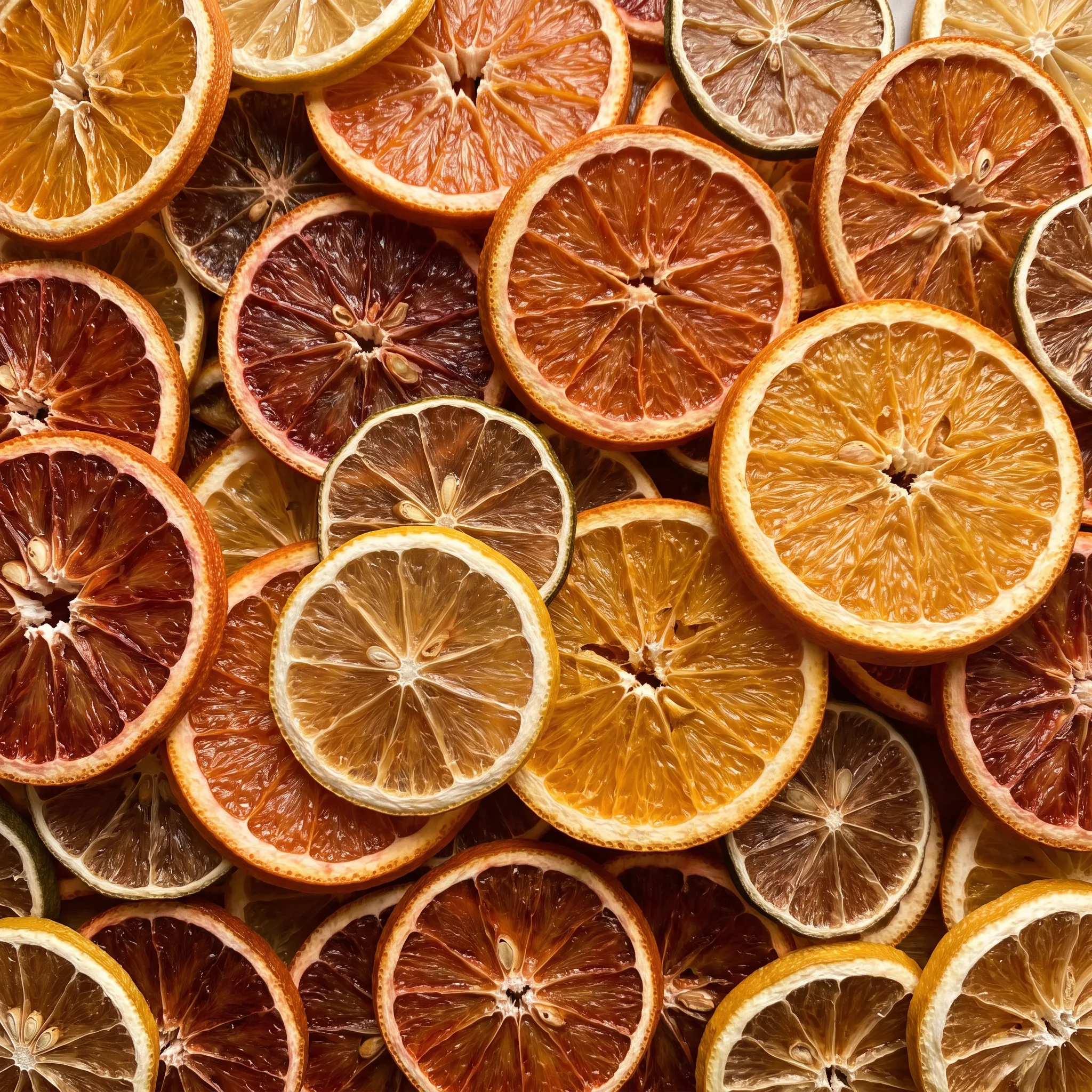 Thin dried slices of lemon, lime, blood orange, Cara Cara orange, and navel orange with deep amber and green rims.