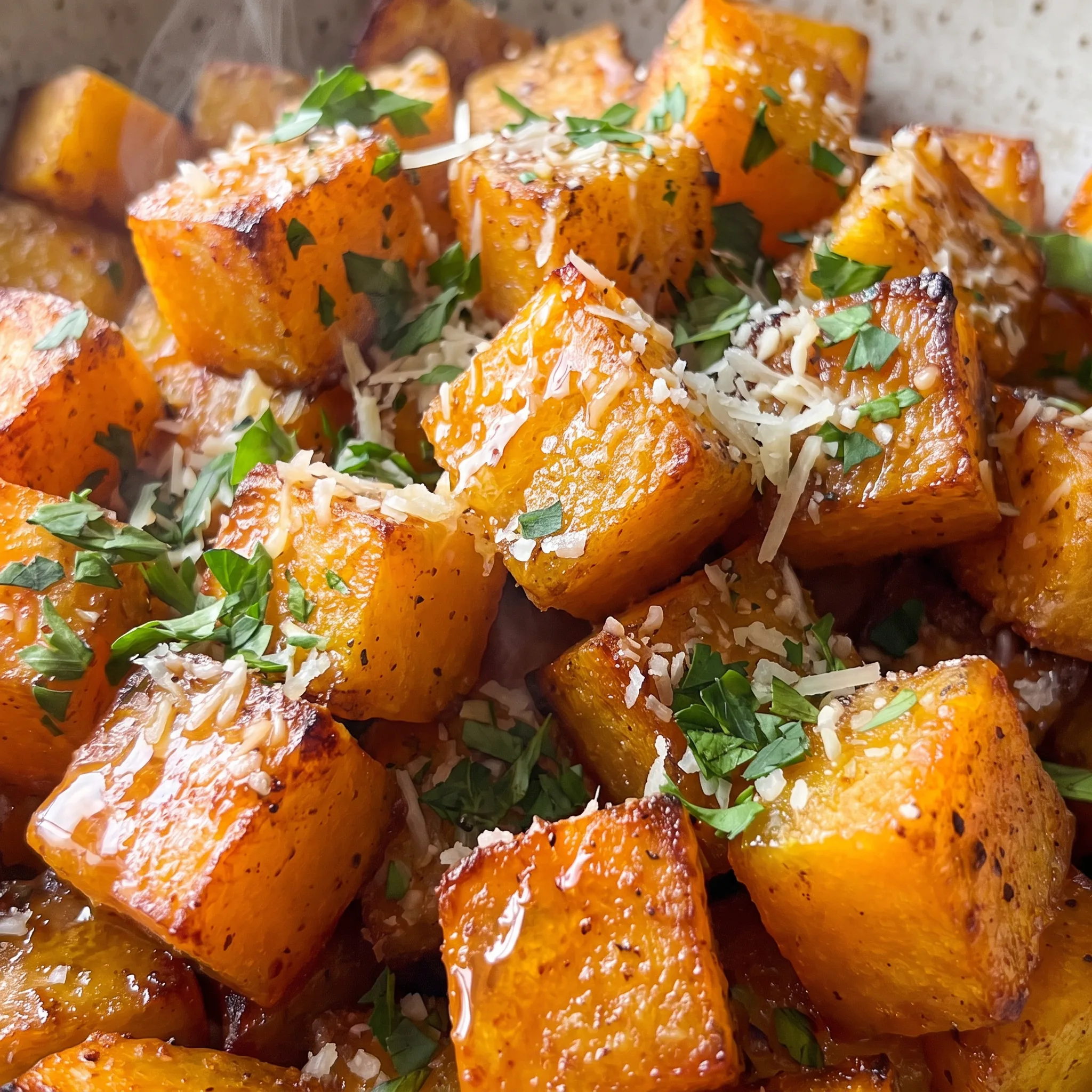Caramelized orange squash pieces with a sticky honey sheen, red smoked paprika dust, and melted Parmesan.