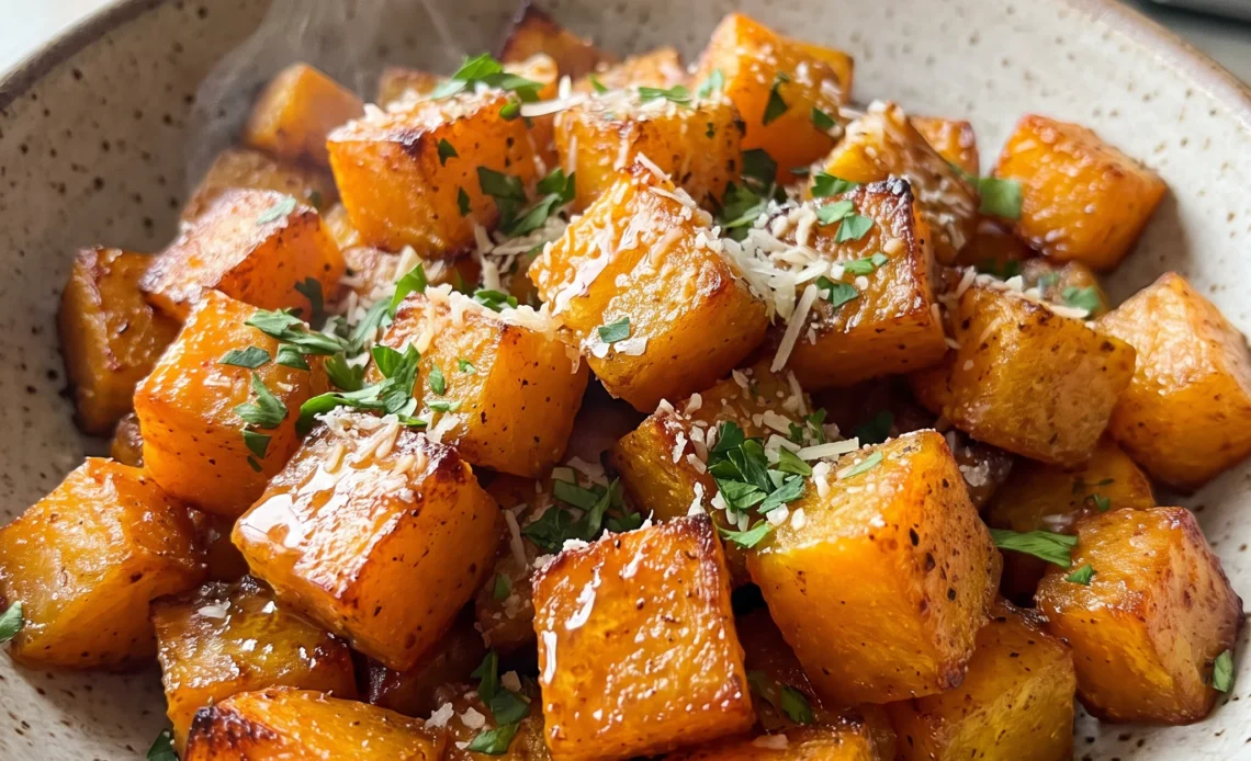Roasted butternut squash cubes with browned edges, grated Parmesan, chopped parsley, and a honey glaze.