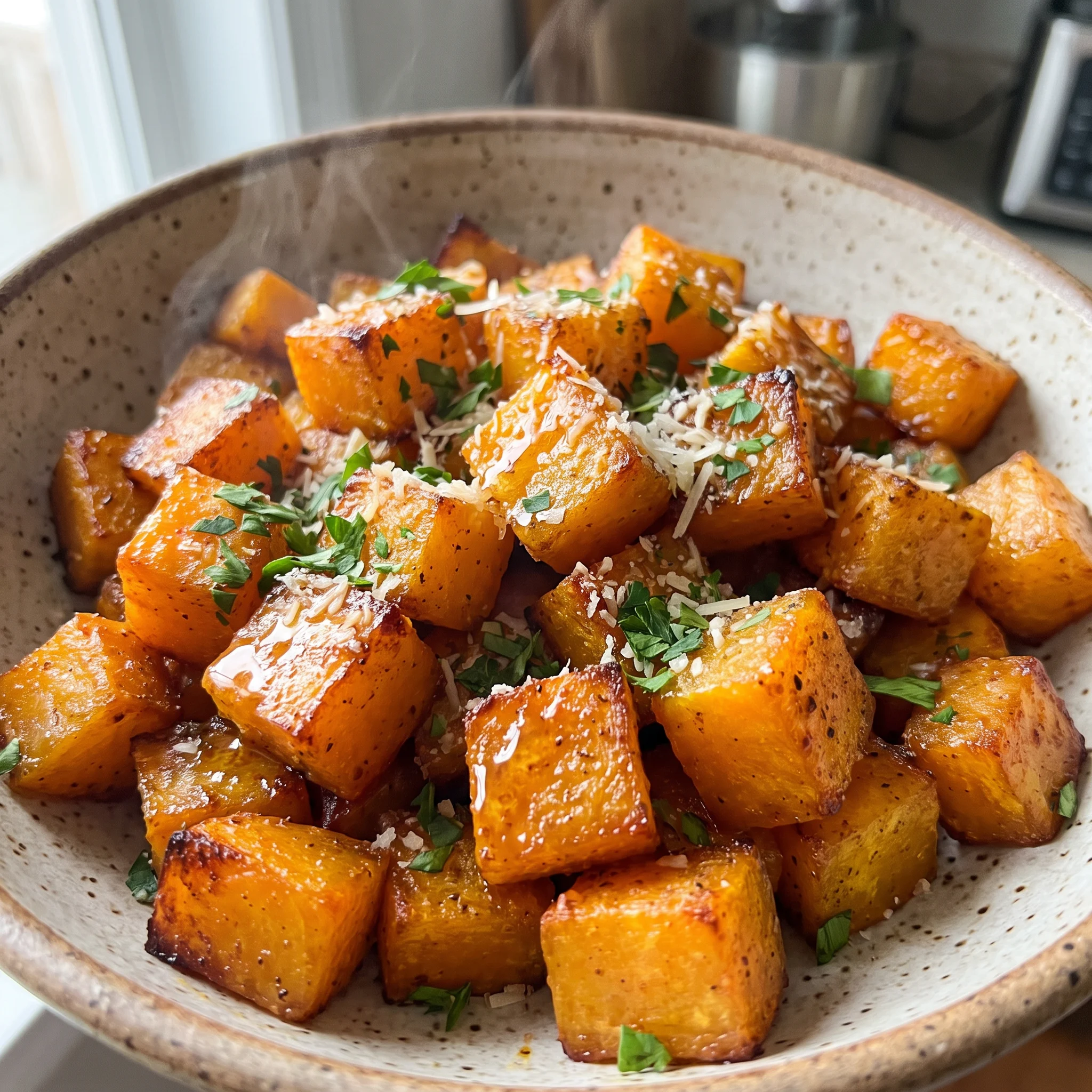 Roasted butternut squash cubes with browned edges, grated Parmesan, chopped parsley, and a honey glaze.