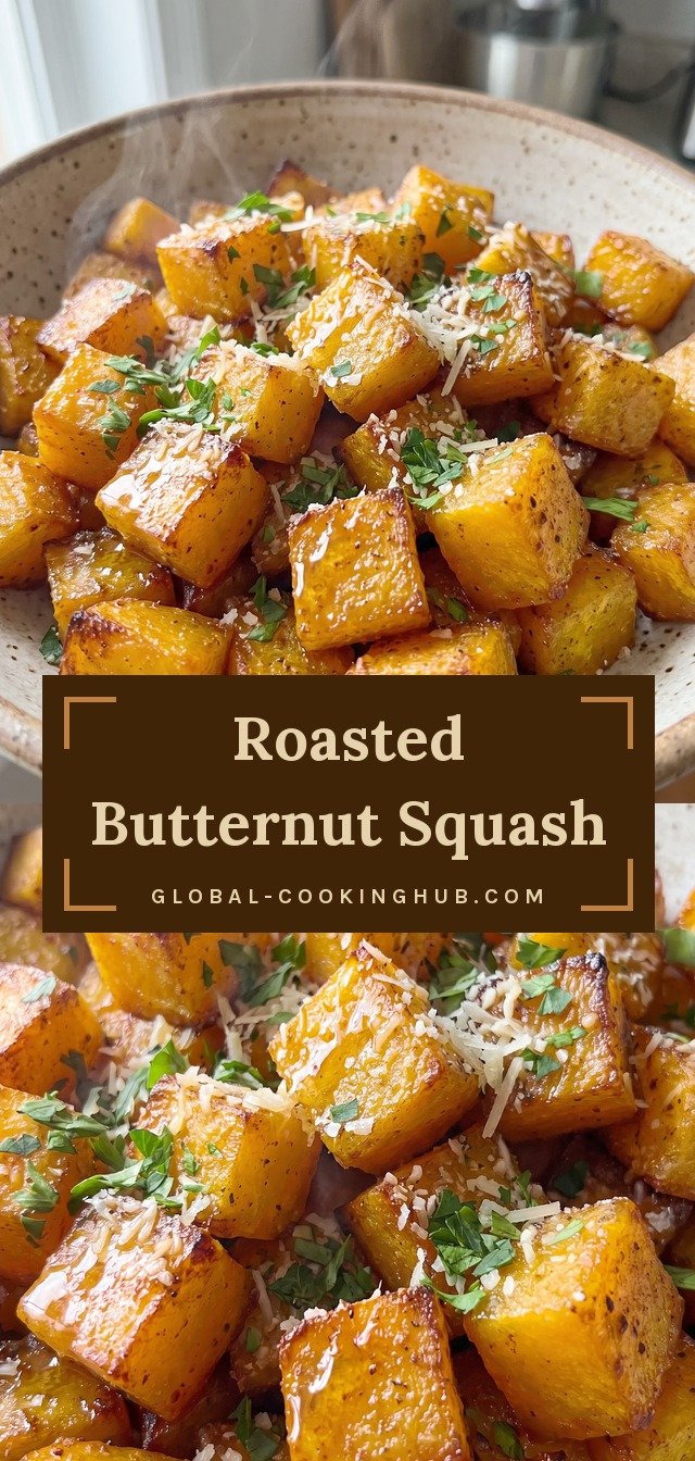 Golden-brown cubed butternut squash with charred edges, flecked with smoked paprika, chopped parsley, grated Parmesan, and a honey drizzle.