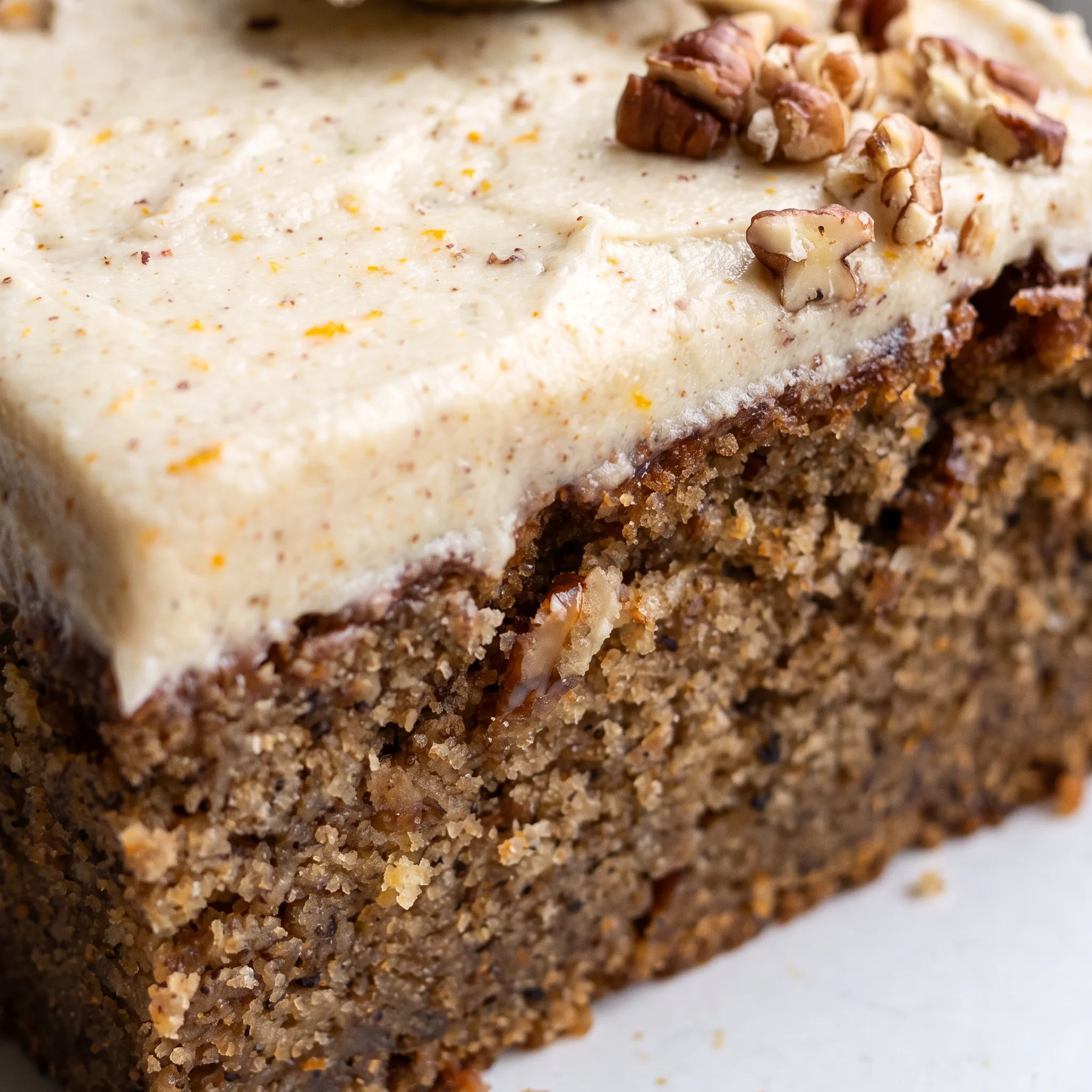 Moist persimmon cake crumb topped with creamy brown butter orange frosting and orange zest