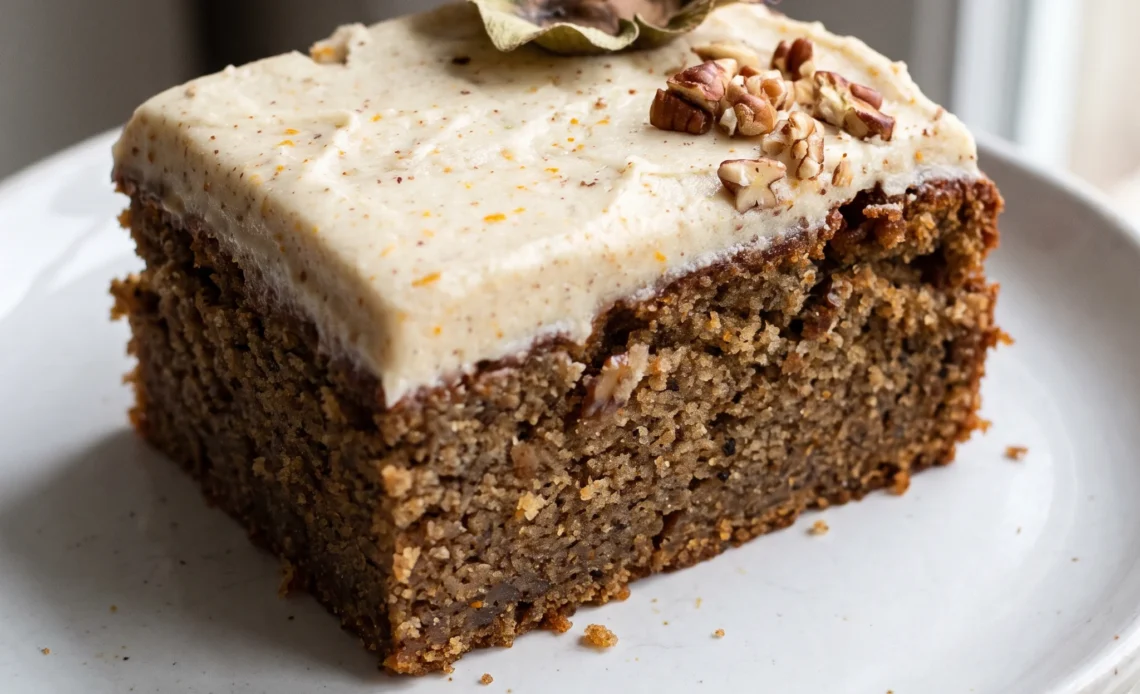Persimmon cake with brown butter orange frosting, topped with sliced persimmon and orange zest