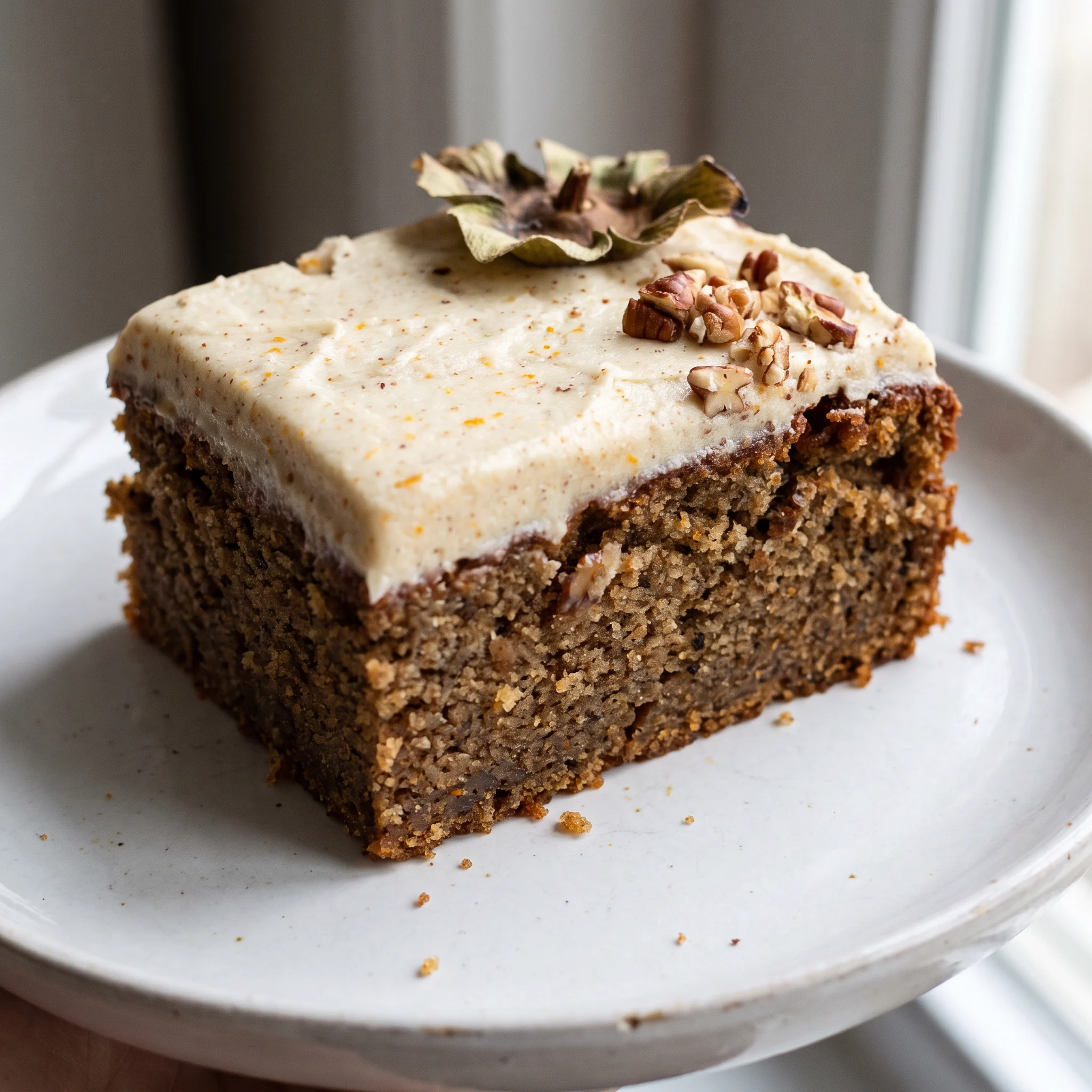 Persimmon cake with brown butter orange frosting, topped with sliced persimmon and orange zest
