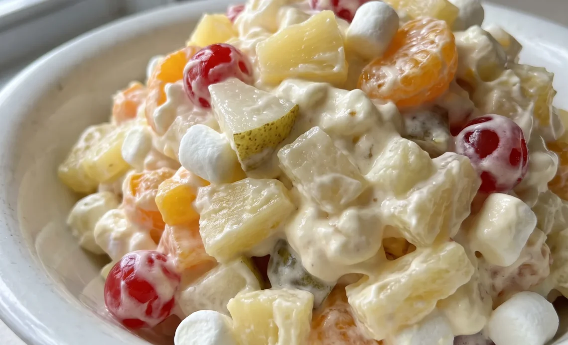 Pineapple fluff salad with mini marshmallows, mandarin oranges, and maraschino cherries in whipped topping.