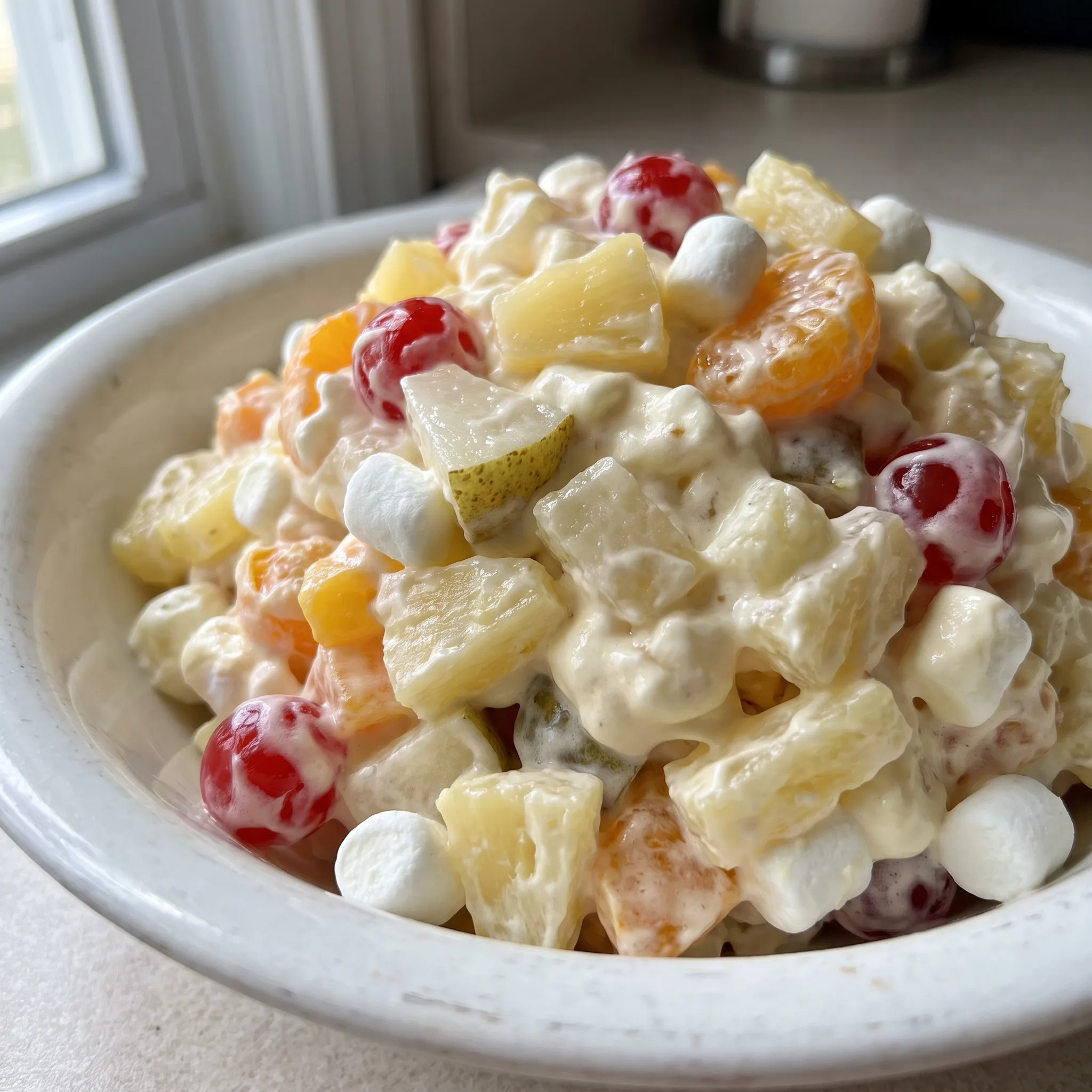 Pineapple fluff salad with mini marshmallows, mandarin oranges, and maraschino cherries in whipped topping.