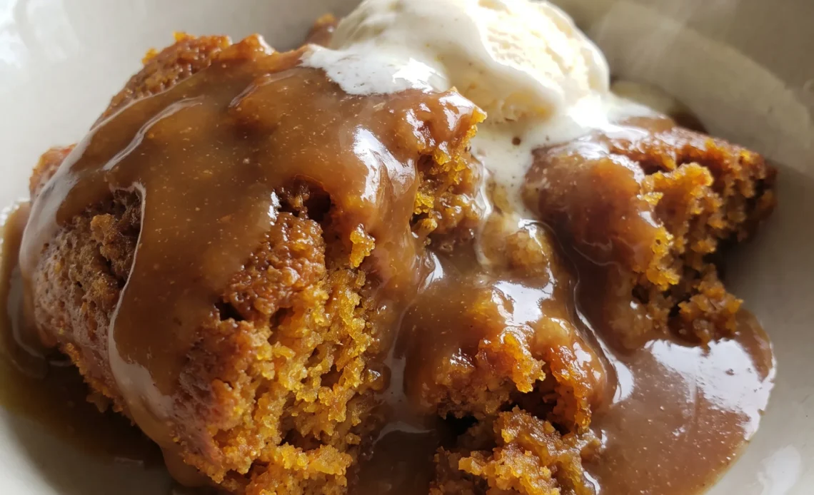 Pumpkin cobbler with golden biscuit topping, caramel sauce, chocolate chips, and melting vanilla ice cream.