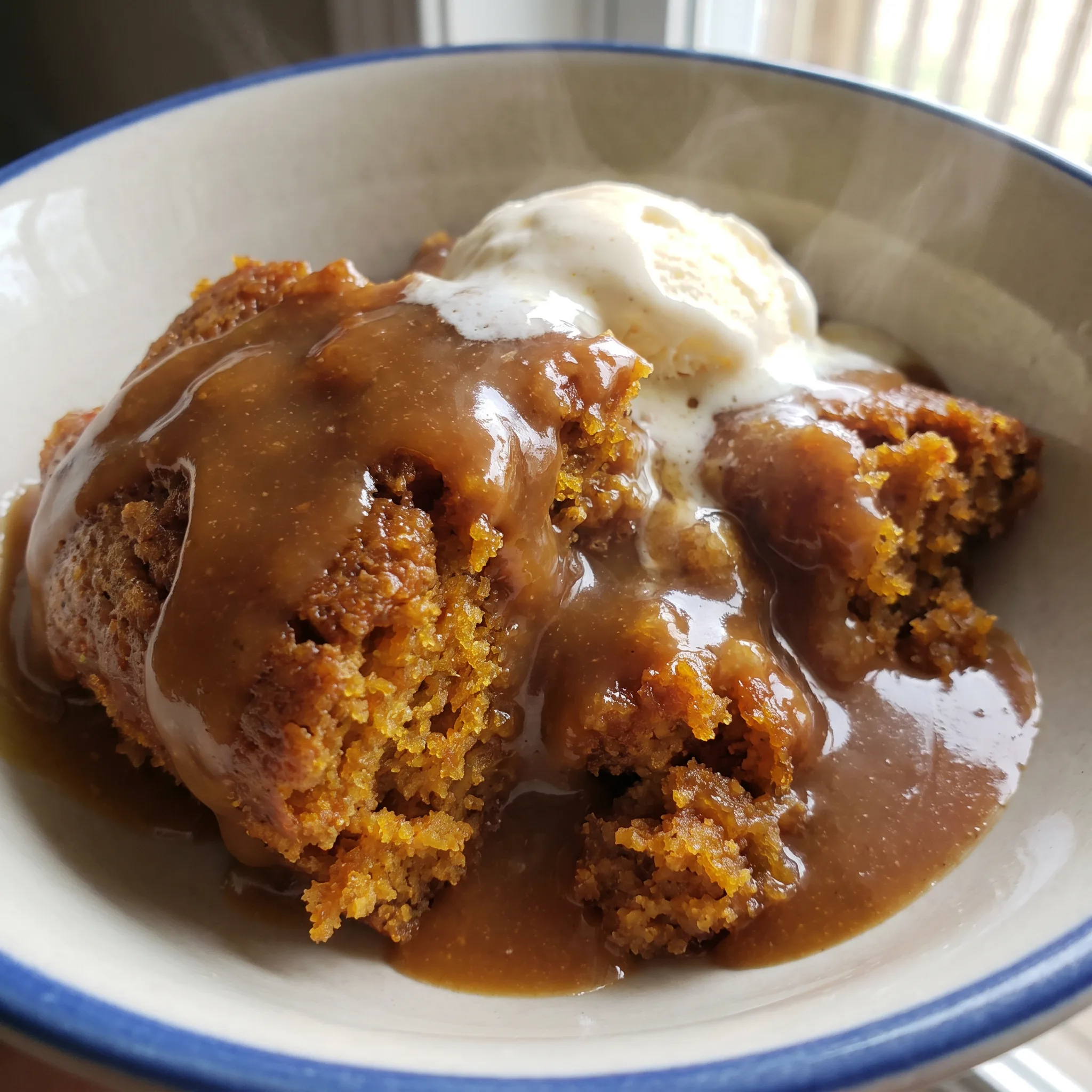 Pumpkin cobbler with golden biscuit topping, caramel sauce, chocolate chips, and melting vanilla ice cream.