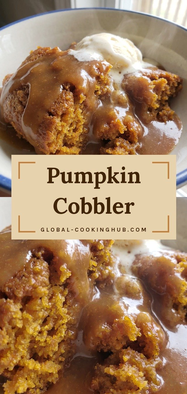 Golden pumpkin cobbler with a caramel sauce layer beneath, topped with melting vanilla ice cream and scattered chocolate chips.